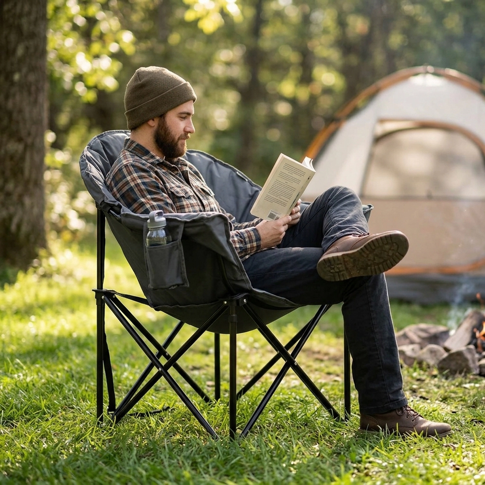 SUGIFT Folding Camping Moon Padded Chair with Carrying Bag 300-lb Capacity Brown Gray Navy Red Black