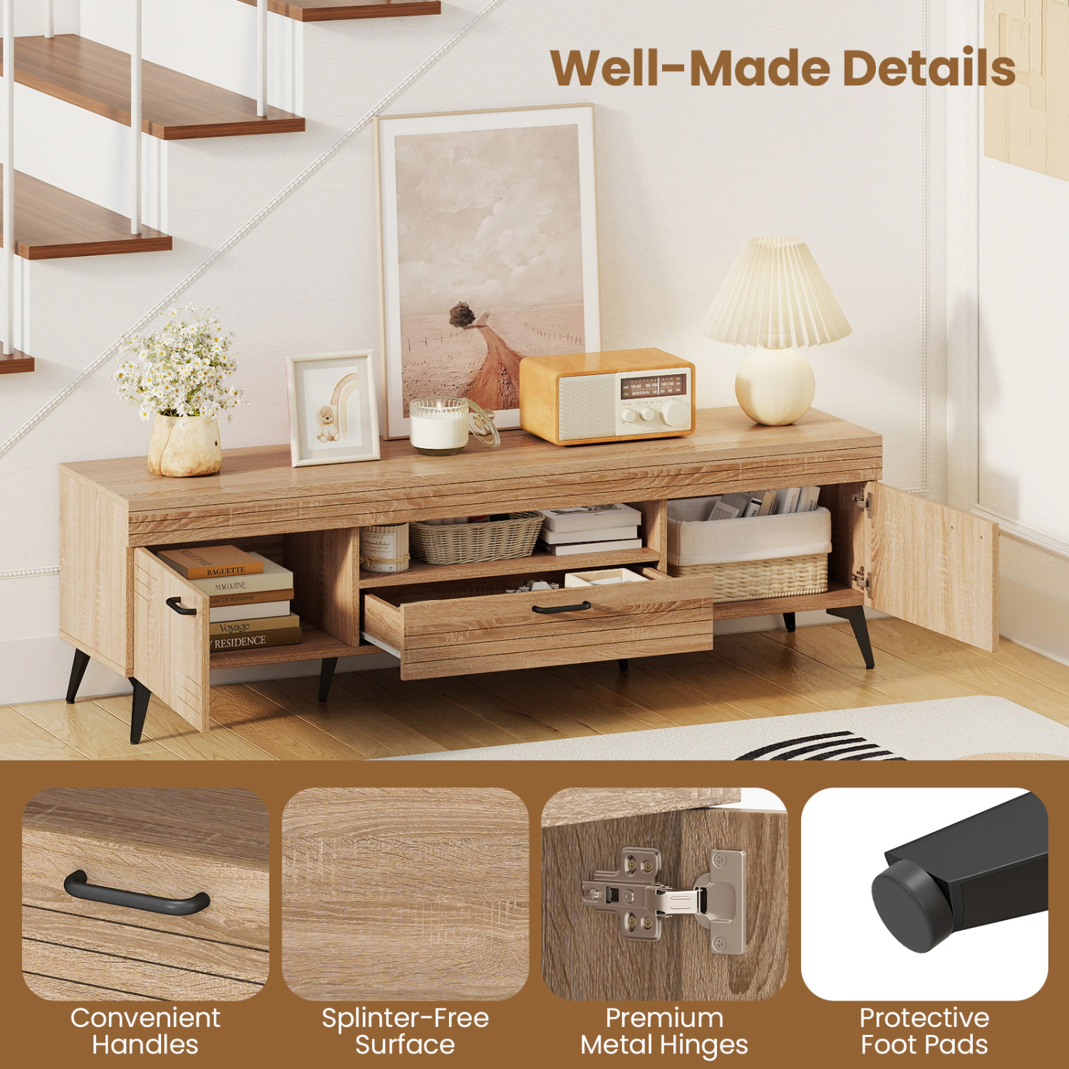 Glintex 59-Inch Carved TV Stand with 2 Cabinets and Storage Drawer, Oak