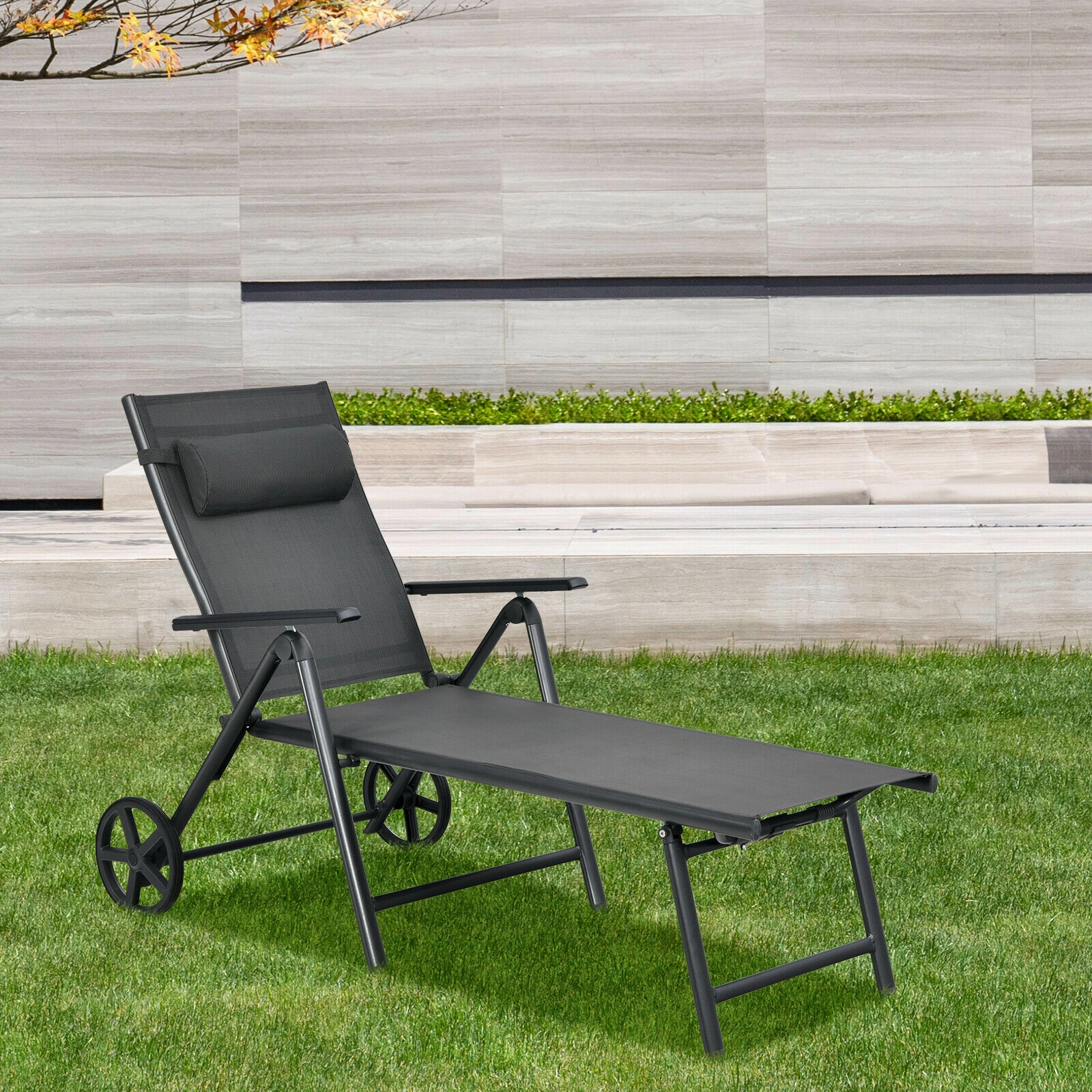 SUGIFT 7-Position Aluminum Patio Lounge Chair with Wheels and Neck Pillow 330-Lb Capacity Gray