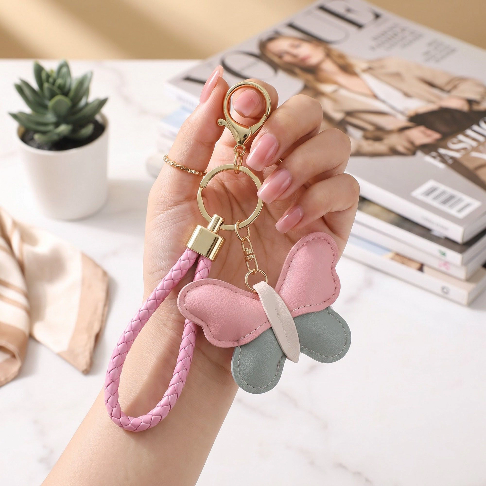 Alilang Women's 2-Piece Womens Faux Leather Bag Charm Keychain with Braided Wrist Strap and Gold Tone Ring