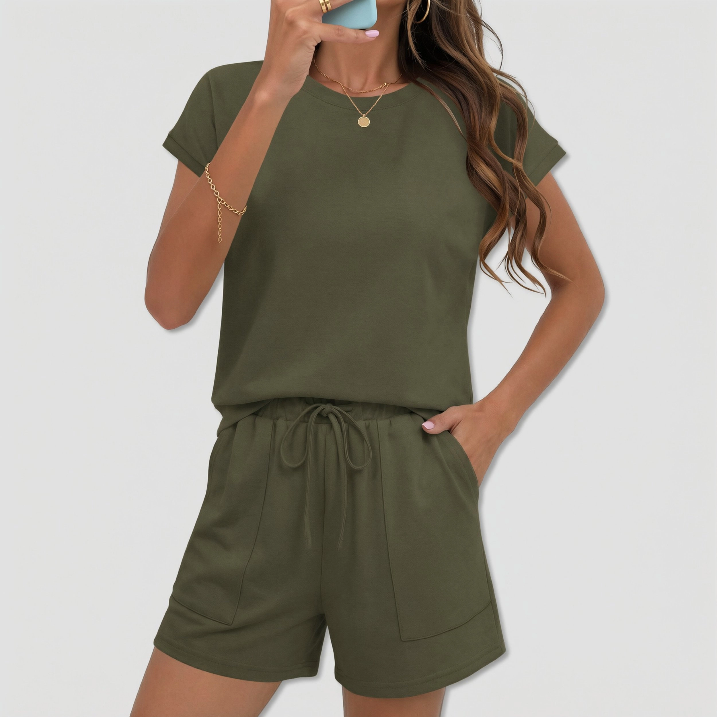 Ekouaer Two Piece Sets Summer Crew Neck Lounge Short Cap Sleeve Drawstring