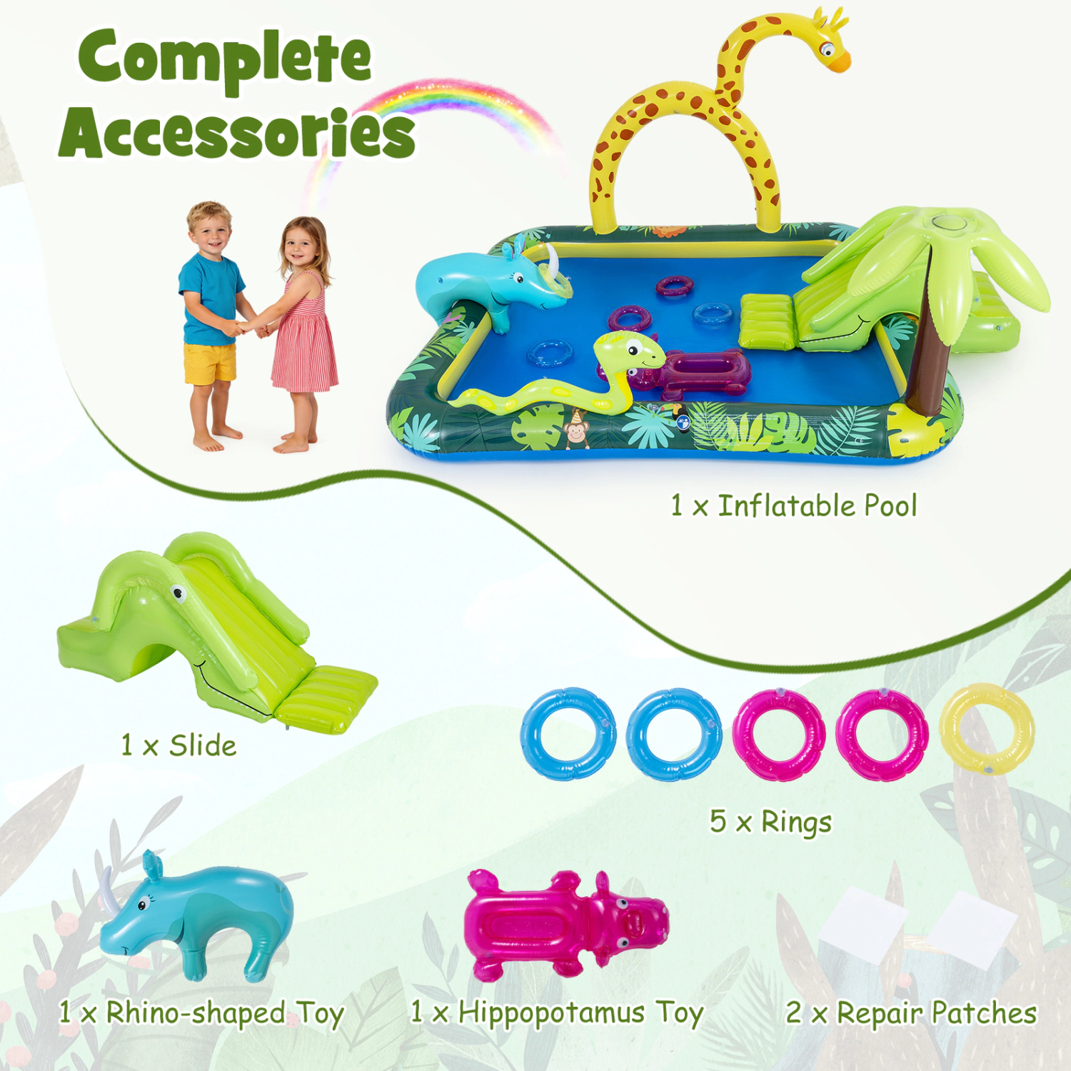 Hivvago Inflatable Play Center Jungle Animal Spray Pool with Slide Giraffe-shaped Sprinkle