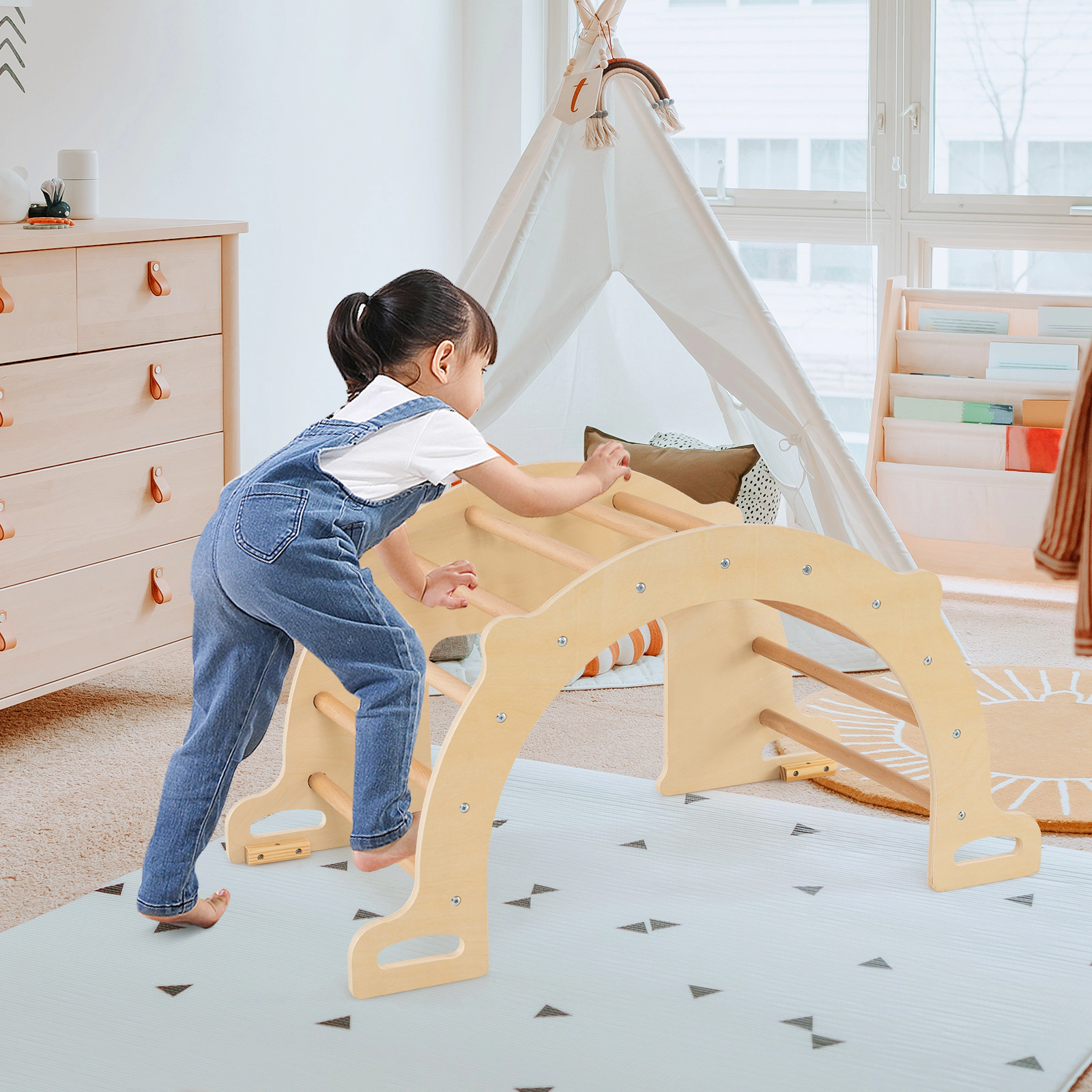 8-in-1 Wooden Climbing Arch Rocker Collapsible Toy Storage Bin 35.5-in Beech Frame and 110-lb Capacity Ages 3+ Natural