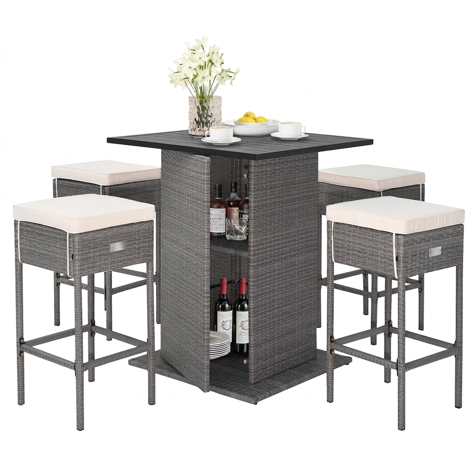 SUGIFT 5-Piece Gray Outdoor Wicker Bar Set, 40.5-in Table, Hidden Storage, 4 Cushioned Stools