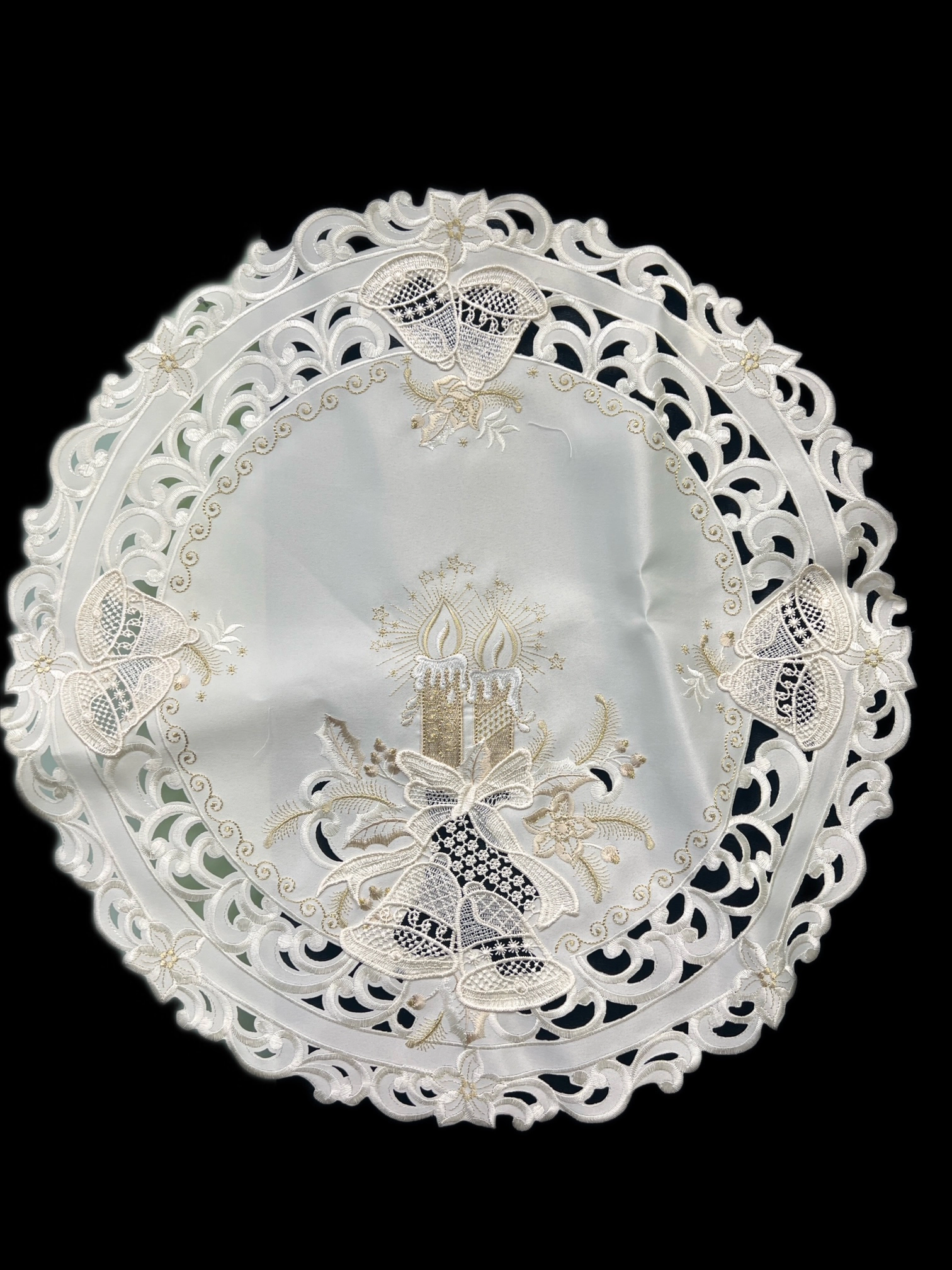 Jiallo Christmas Candle Beige Lace Embroidered Cutwork Round Placemat, 23-Inch diameter