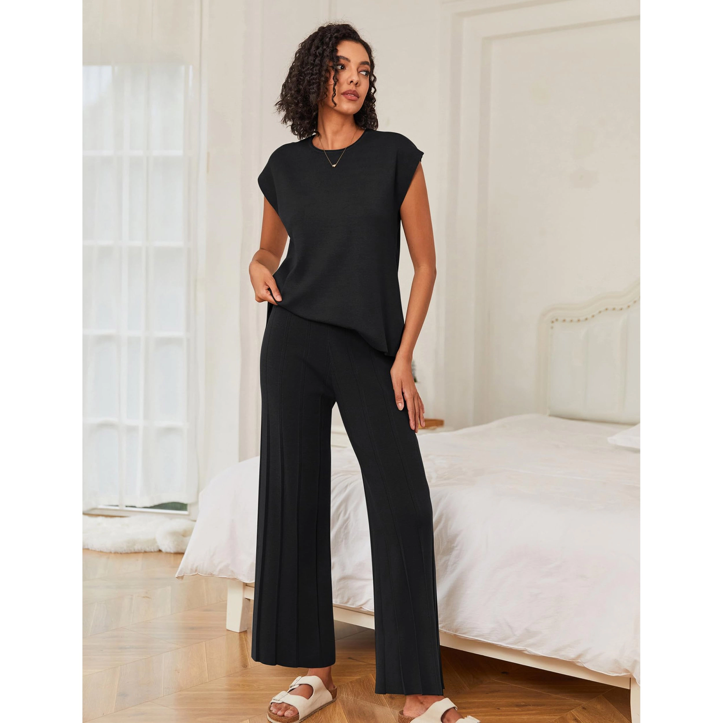 Ekouaer Lounge Sets for Women 2 Pc Outfits Knit Cap Sleeve Tops Wide Leg Pleated Pants Casual