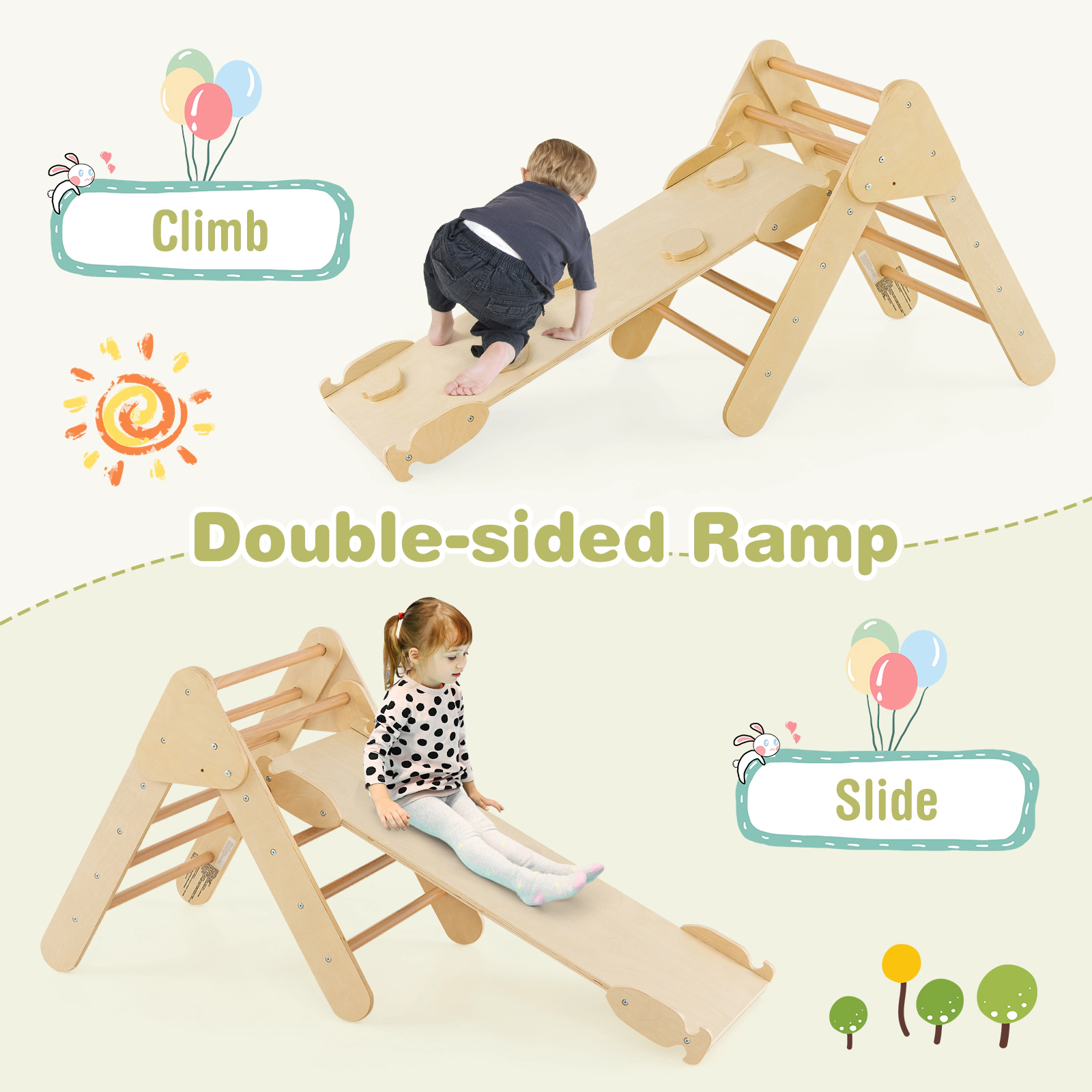 5-in-1 Wooden Pikler Triangle Set Toddler Climbing Toys Reversible Arch Ramp Adjustable Ladder 110-lb Ages 1+ Natural