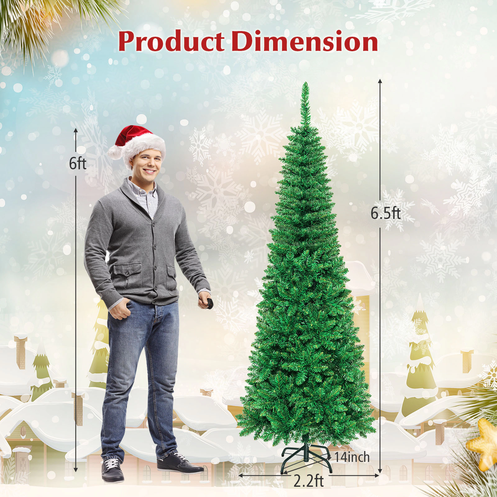 Costway 4.5/6.5/7.5ft Pre-Lit Hinged Pencil Christmas Tree 250 Multicolor Lights