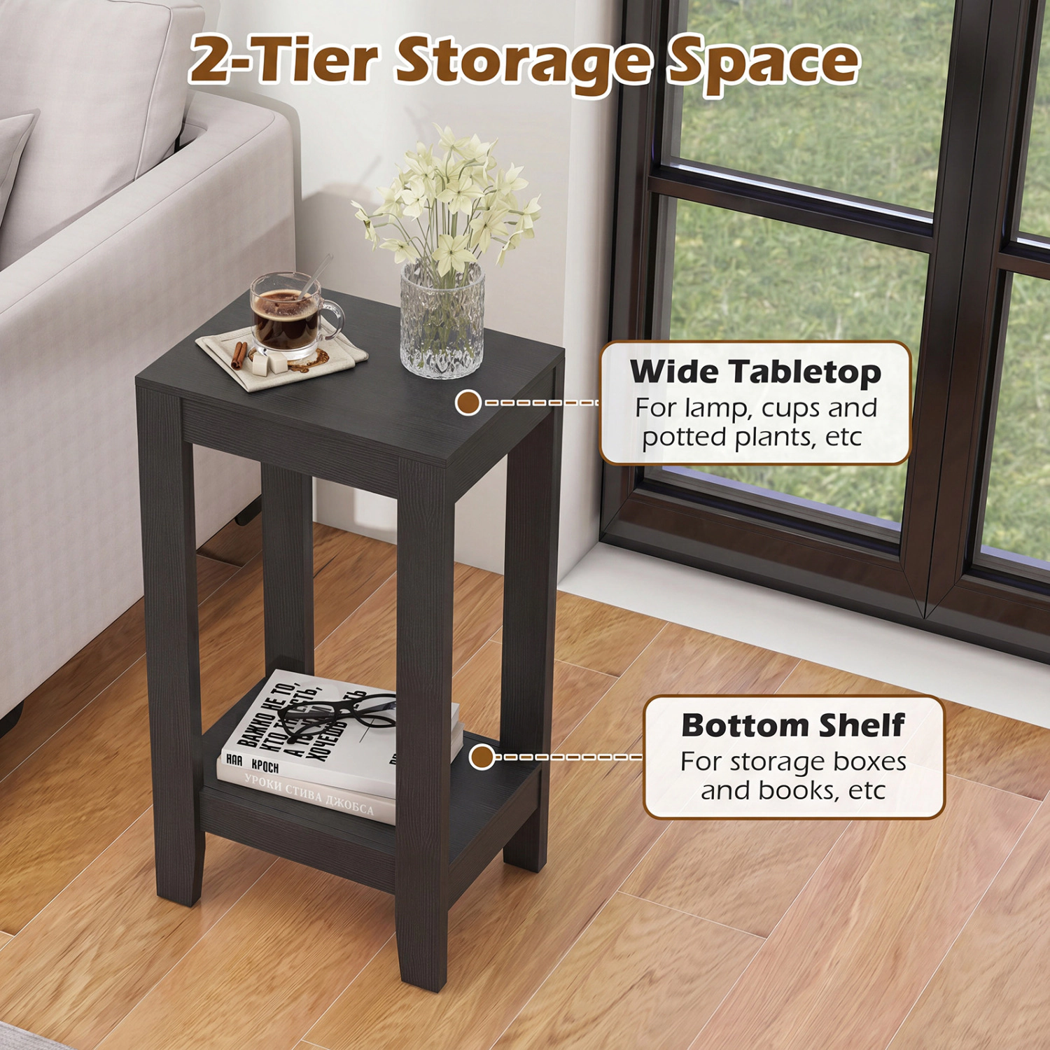 Glintex Tall 2-Tier Wood End Table with Open Storage Shelf and Solid Legs