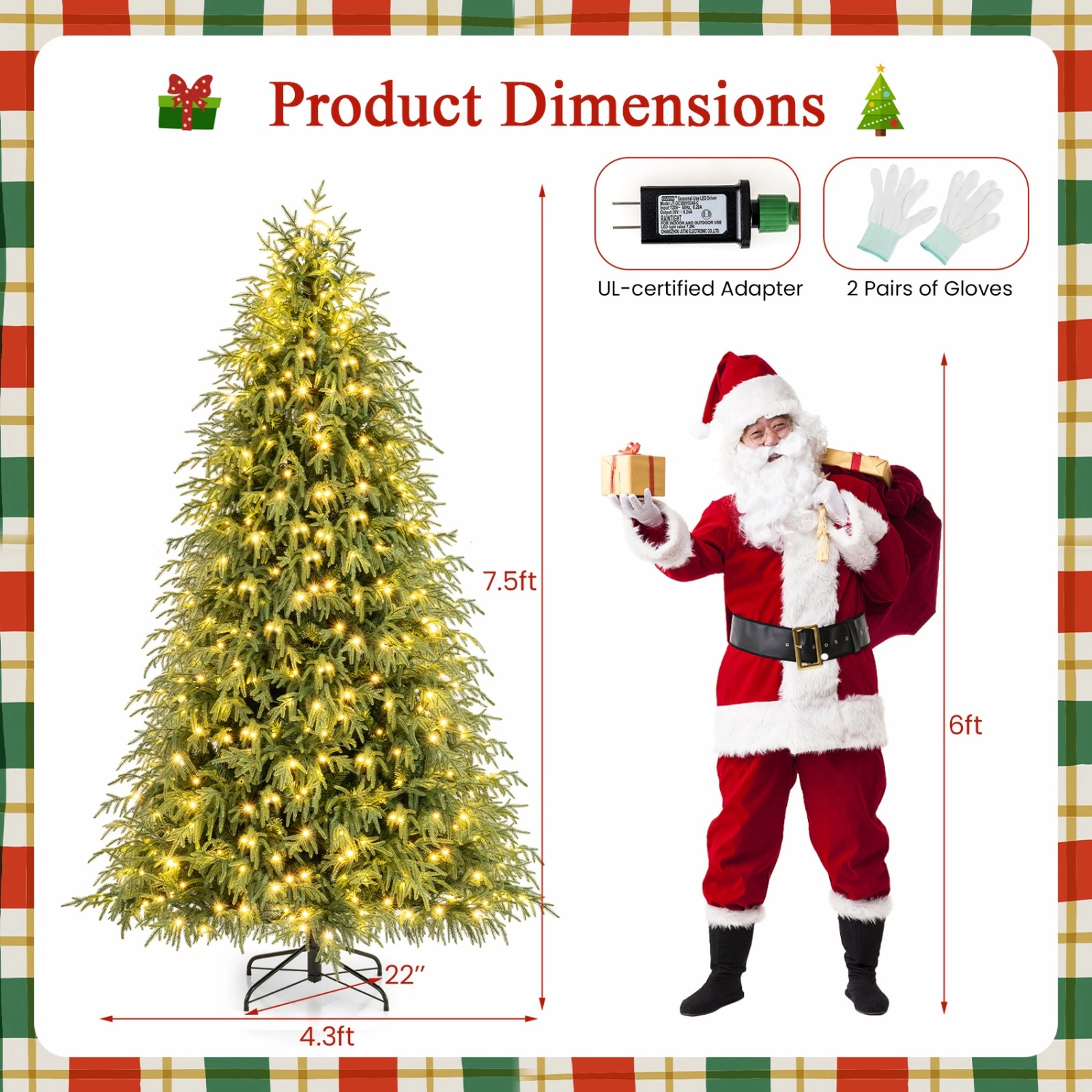 SUGIFT 7.5 ft Pre-Lit Artificial Christmas Tree Hinged with 1449 Soft Branch Tips and 500 LEDs