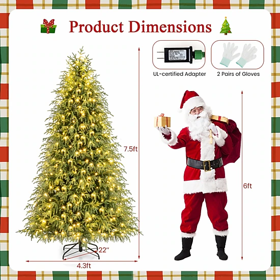 SUGIFT 7.5-ft Pre-Lit Hinged Artificial Christmas Tree with 1449 Soft Branch Tips and 500 Warm White LEDs Green