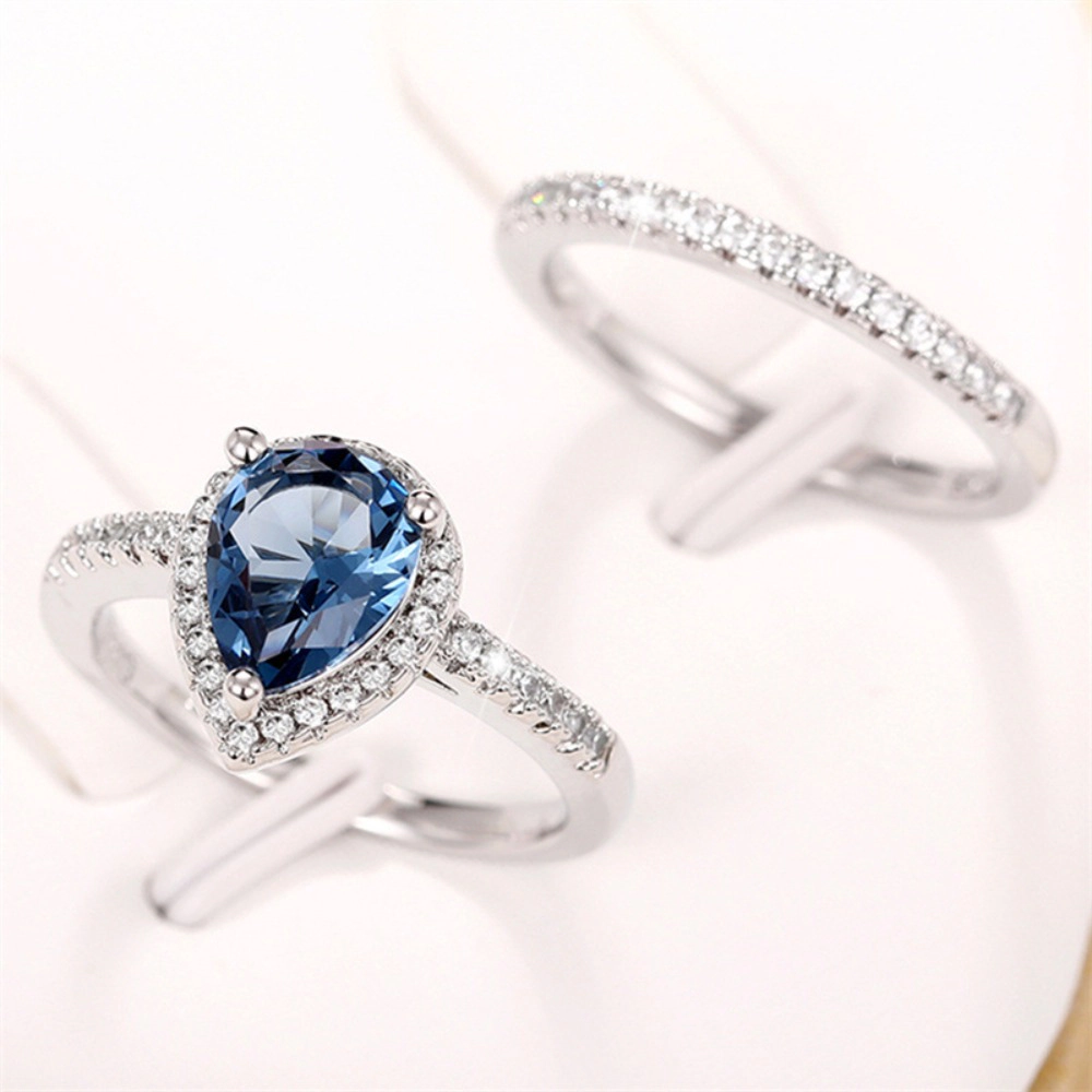 Gorgeous 2Pcs/Set Blue Aquamarine Water Drop Cubic Zirconia Ring
