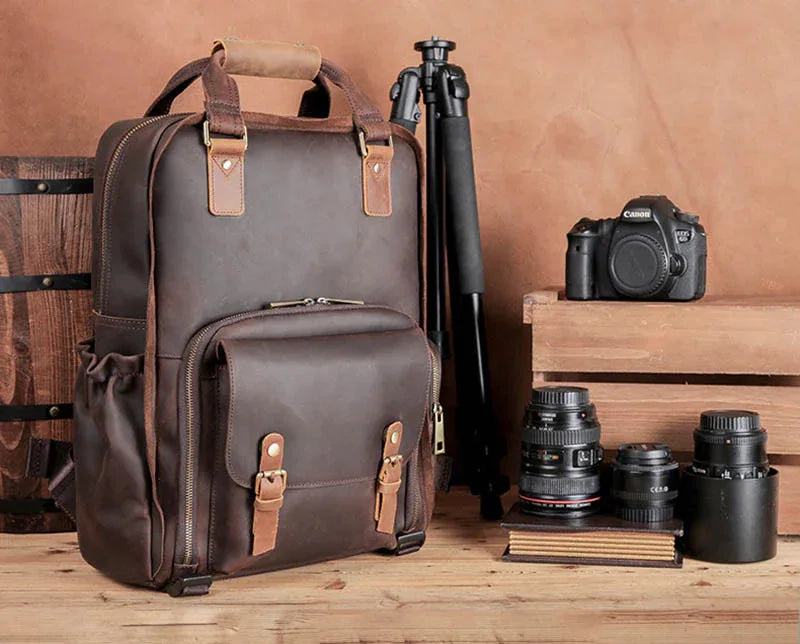 Steel Horse Leather Unisex The Gaetano | Large Leather Backpack Camera Bag with Tripod Holder