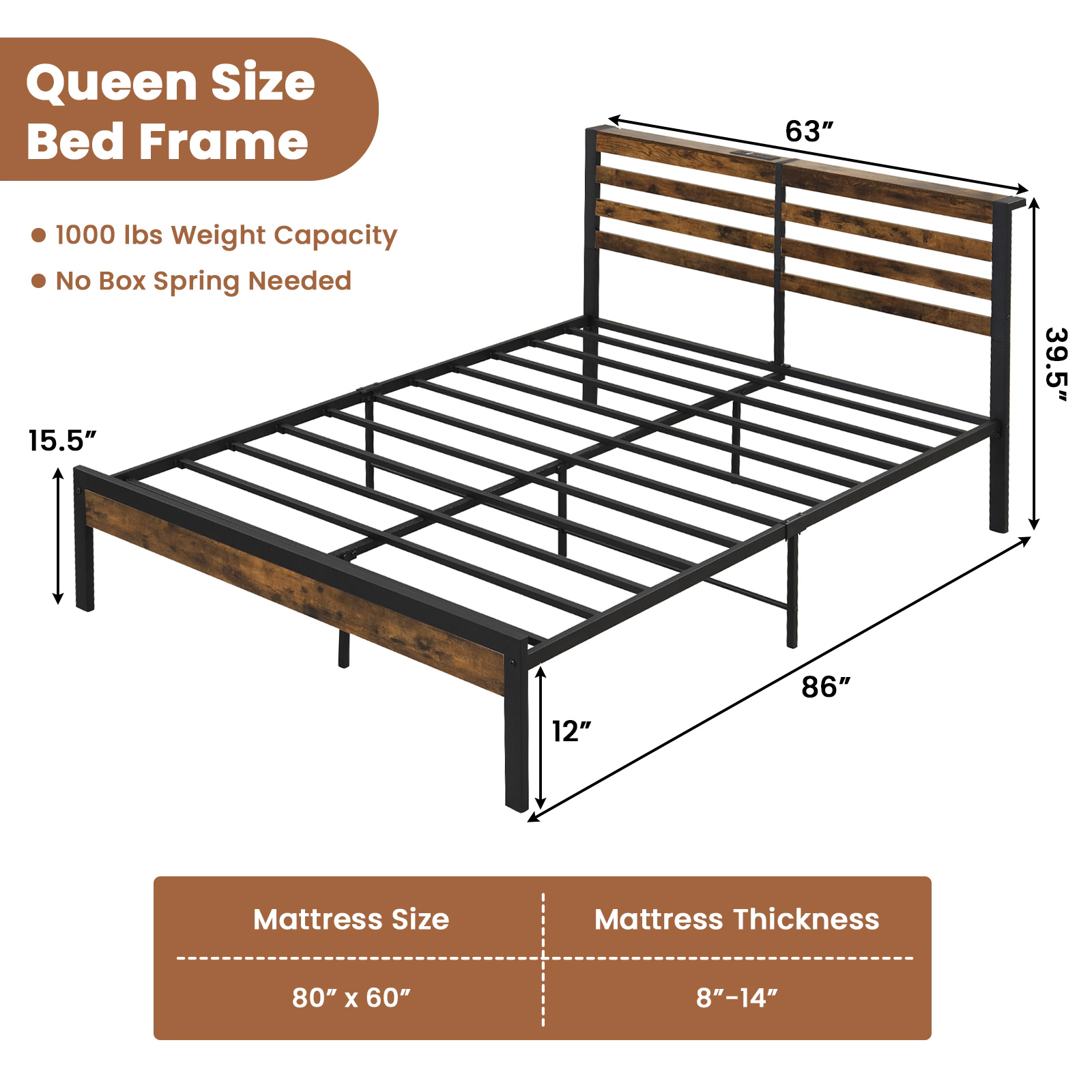 SUGIFT Rustic Brown Charging Station Storage Headboard and Metal Slats Queen Size Bed Frame