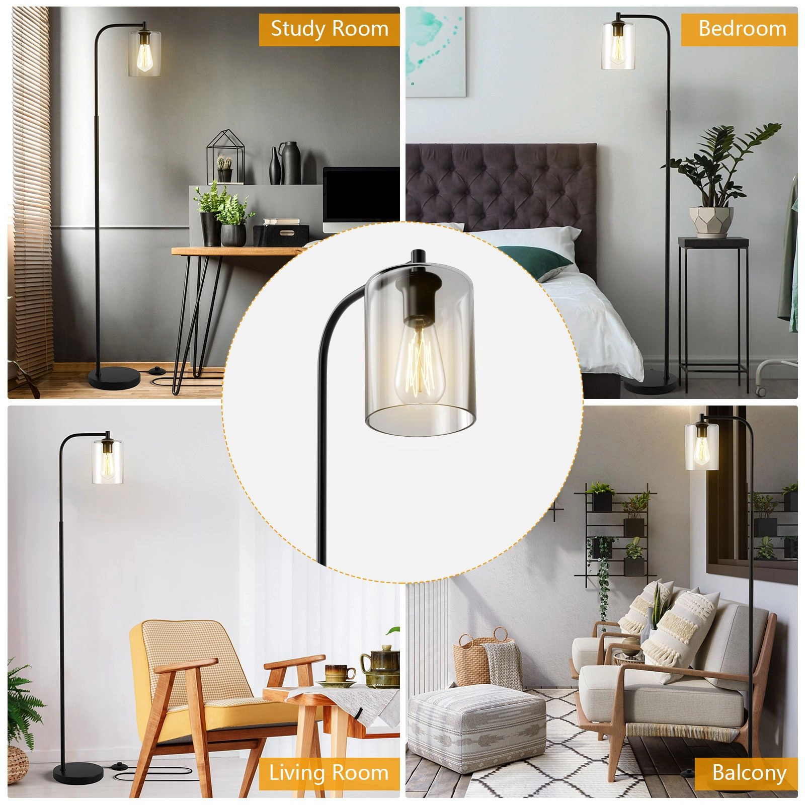 SlickBlue 66-Inch Floor Lamp, Glass Shade, Black