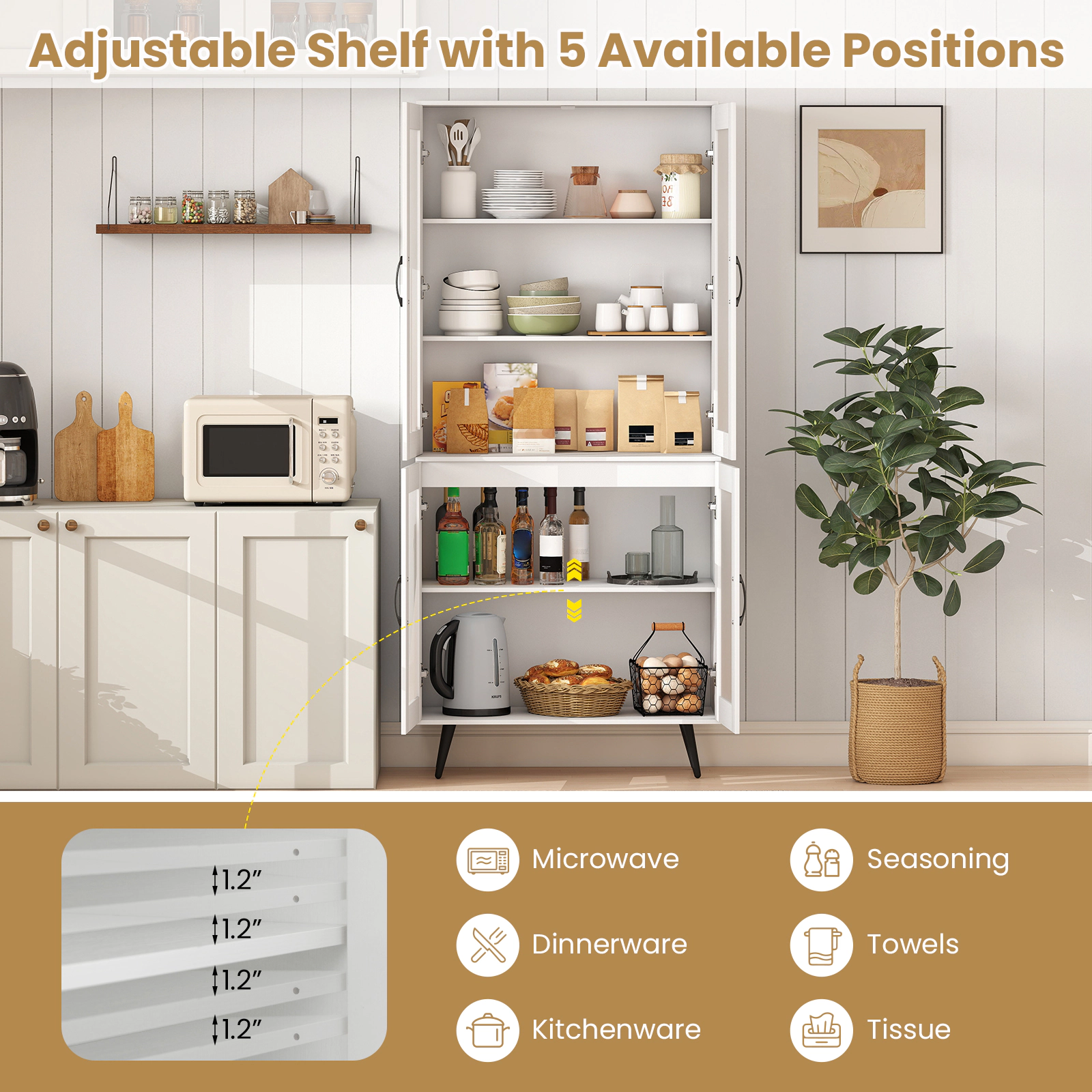 SUGIFT 70.5-in Tall White Pantry Cabinet Cupboard with 4 Transparent Doors and 5-Position Adjustable Shelf