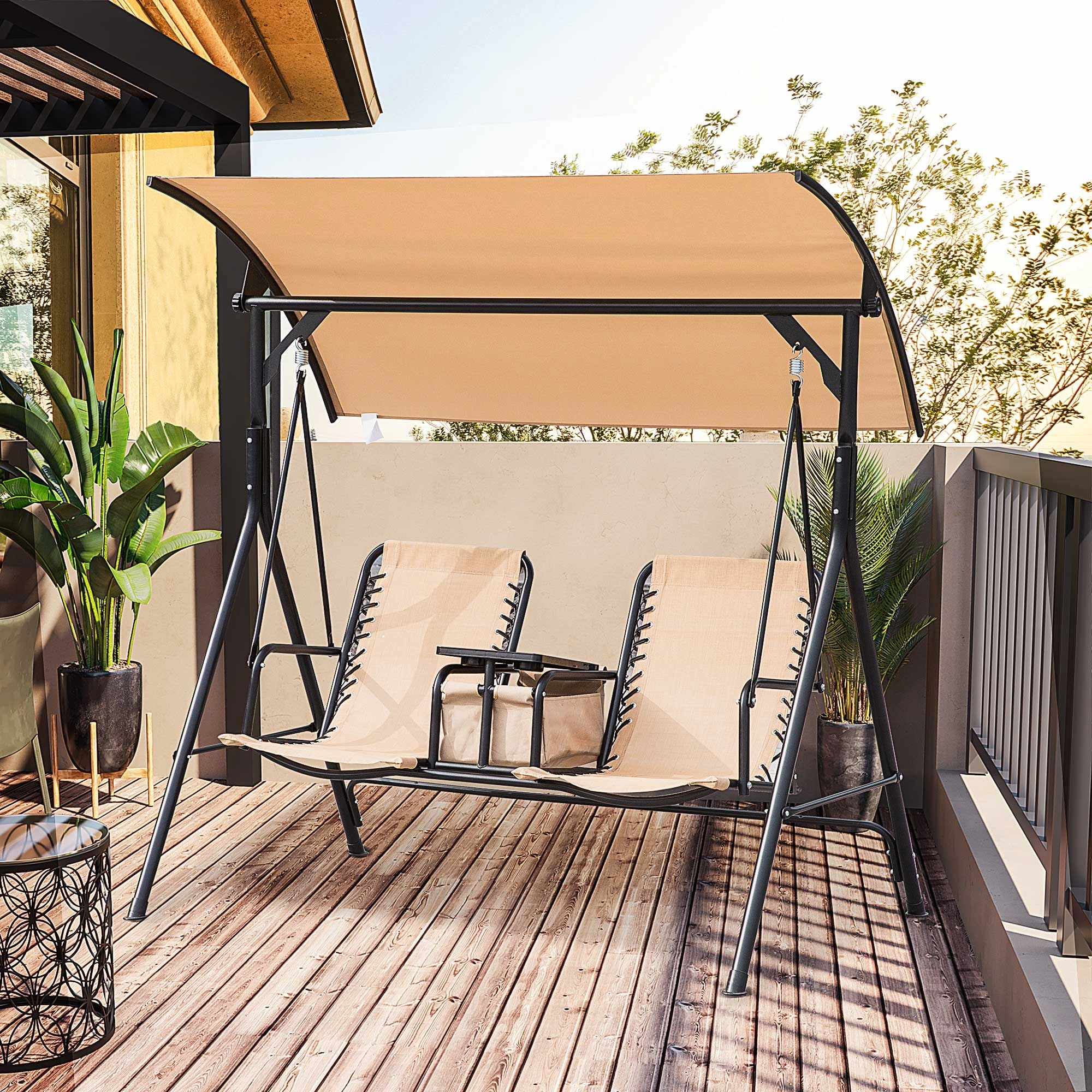 HONGGE Porch Swing with Canopy Storage Table Cup Holder