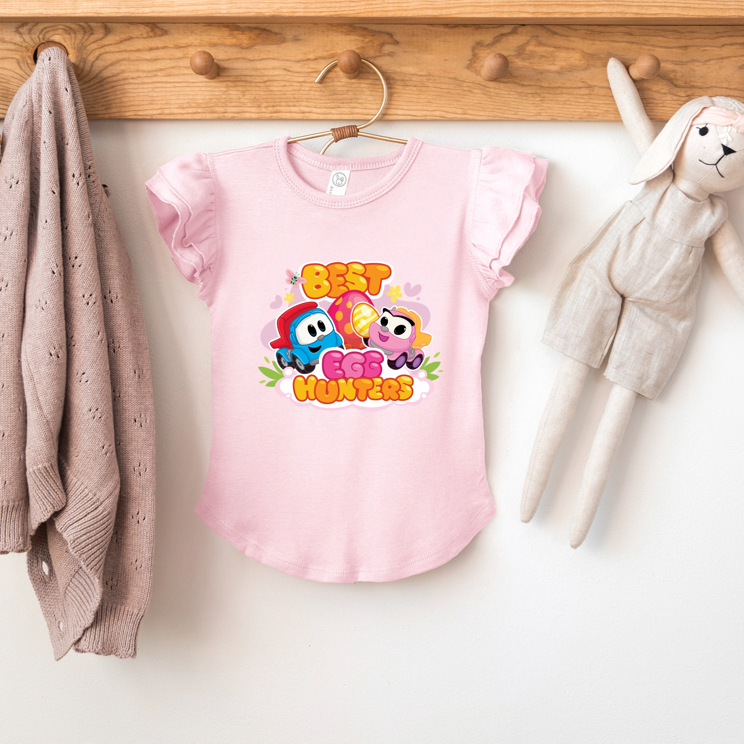 the Juniper Shop - Girl's Flutter Sleeve Graphic T-Shirt Leo Truck Best Egg Hunters