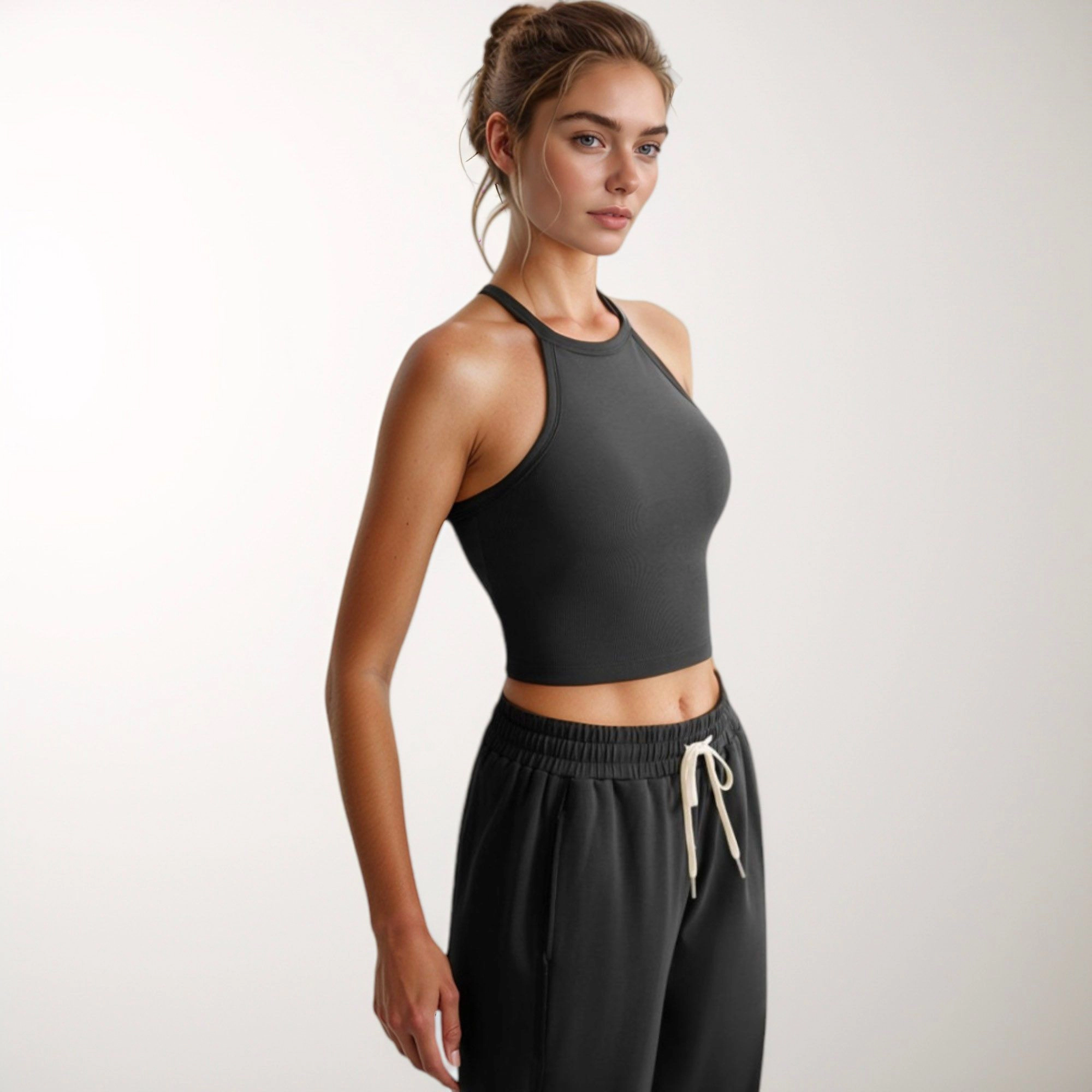 Anna-Kaci Women's High Neck Cropped Tank Top with Racer Style Straps and Seamless Fit for Active Casual Wear