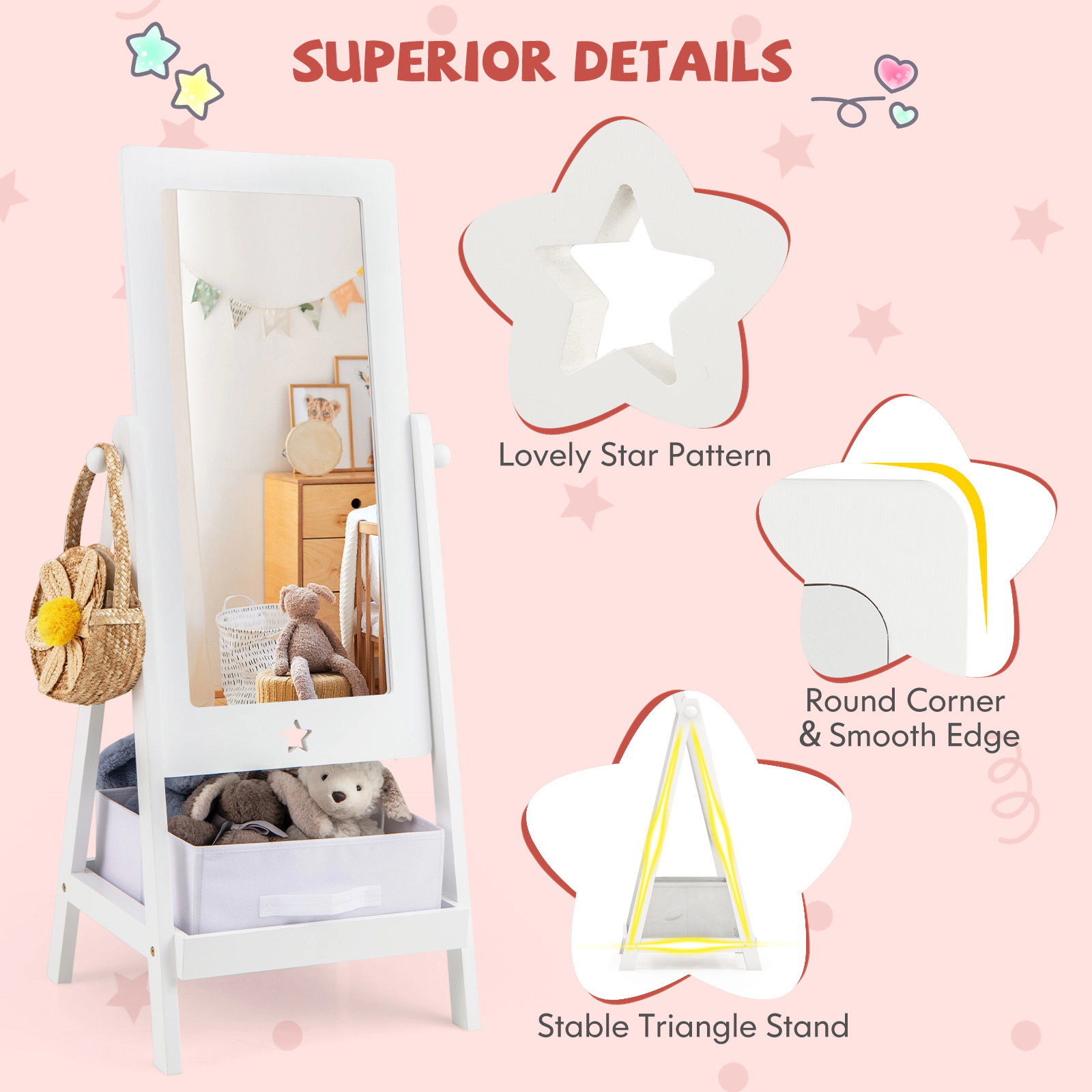 SUGIFT 360 Degree Rotatable Kids Full Length Dressing Mirror with MDF Frame 44-lb Shelf Capacity 44-in Tall White