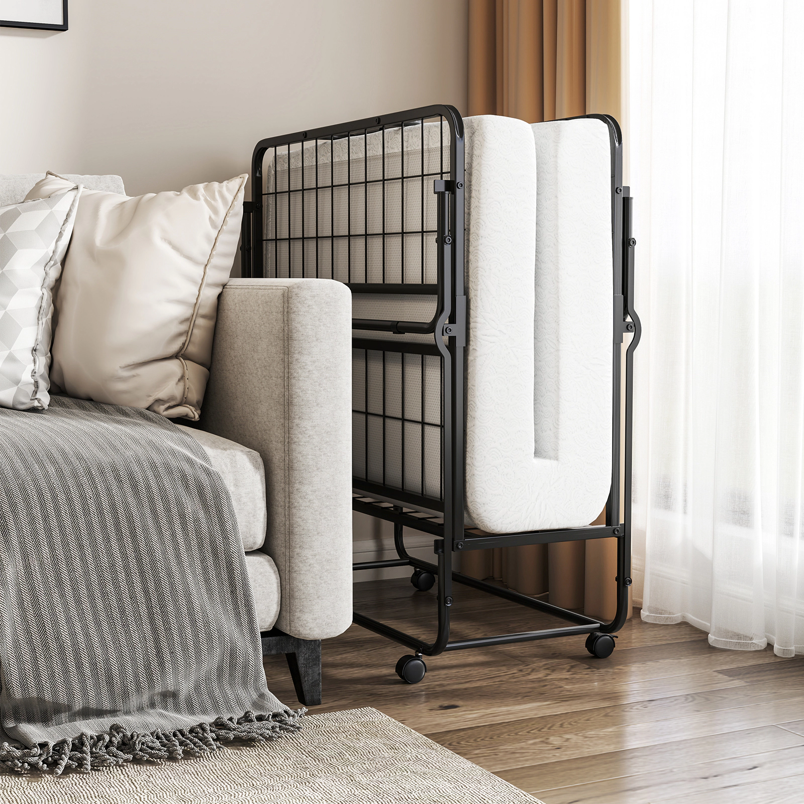 SUGIFT Twin Folding Bed with 4-Inch Memory Foam Mattress, Locking Casters, Black
