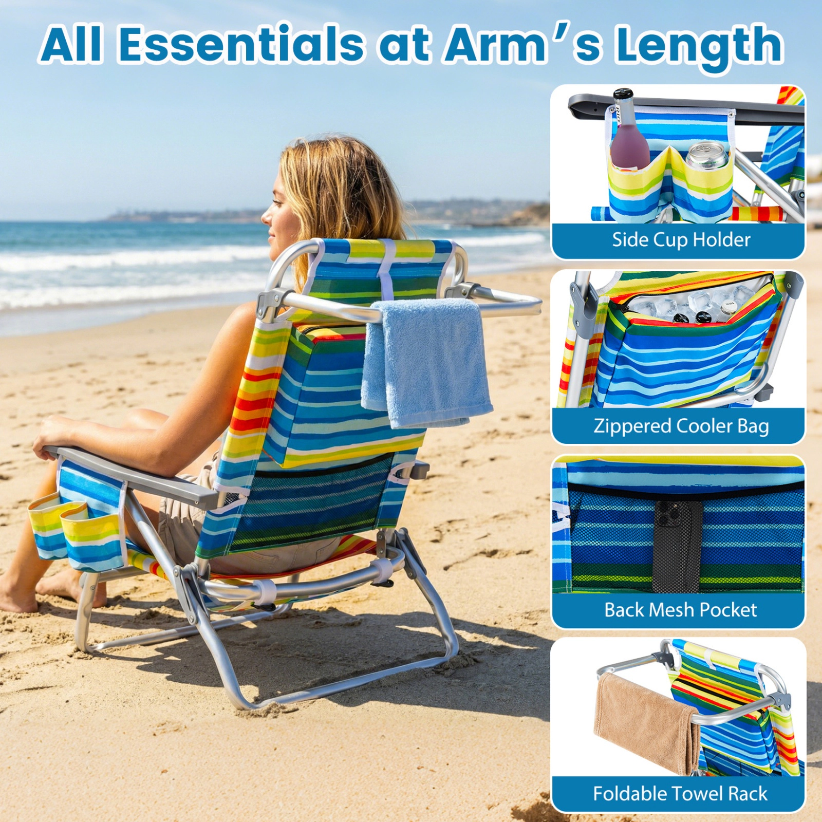 SUGIFT Set of 2 Yellow Reclining Backpack Beach Chairs with Cooler Pouch and Headrest