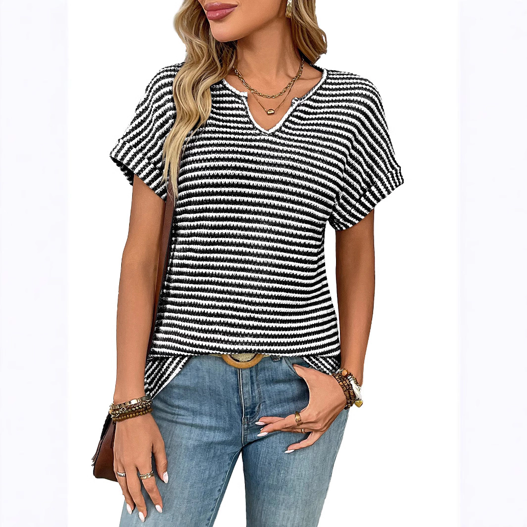 Enchanted Funland Womens Striped Notched V‑Neck Rolled Cuff Short Sleeve Tops