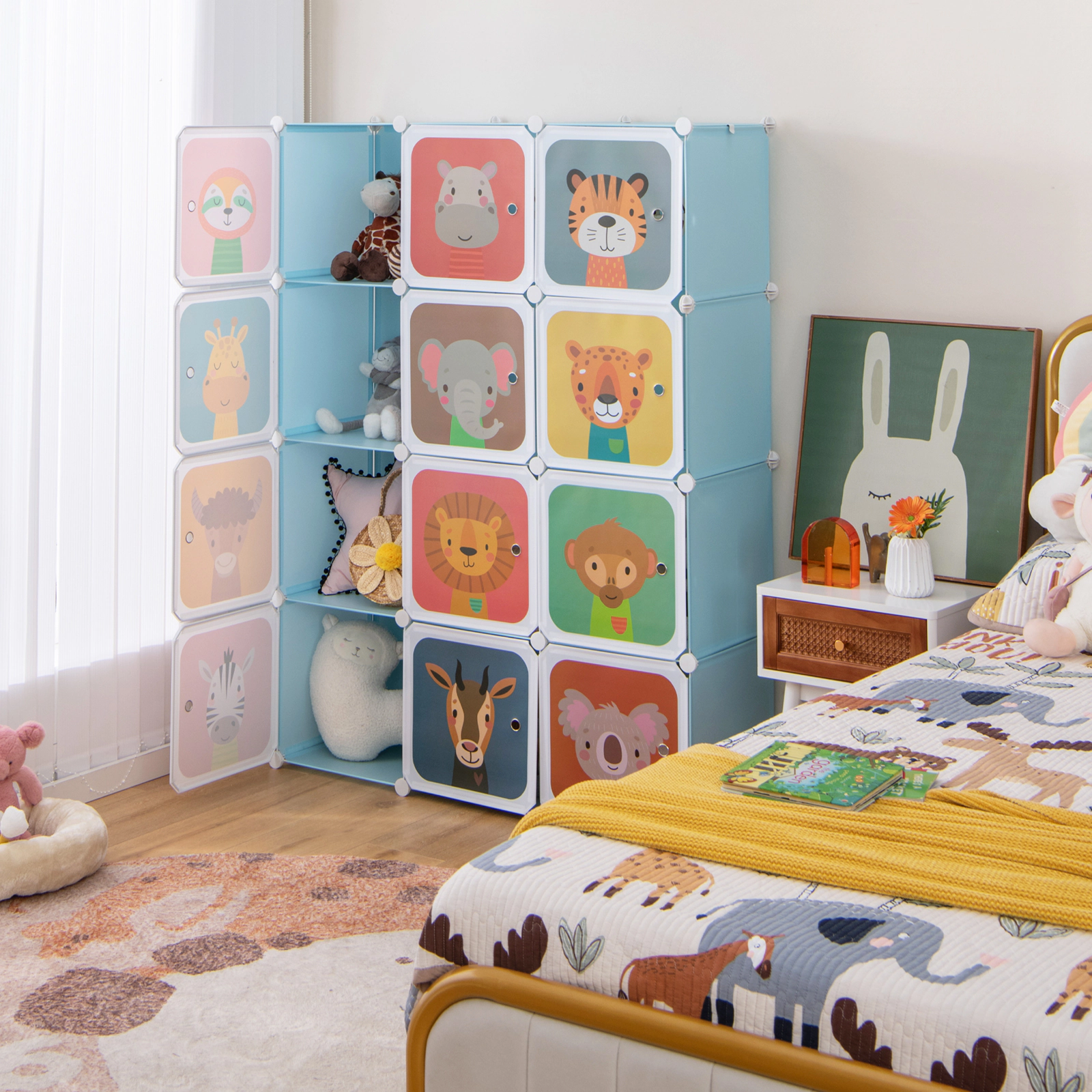 SUGIFT Kids 12-Cube Animal Print Doors Hanging Section Wardrobe Closet 43-in x 14-in x 57-in 22-lb per Cube Blue