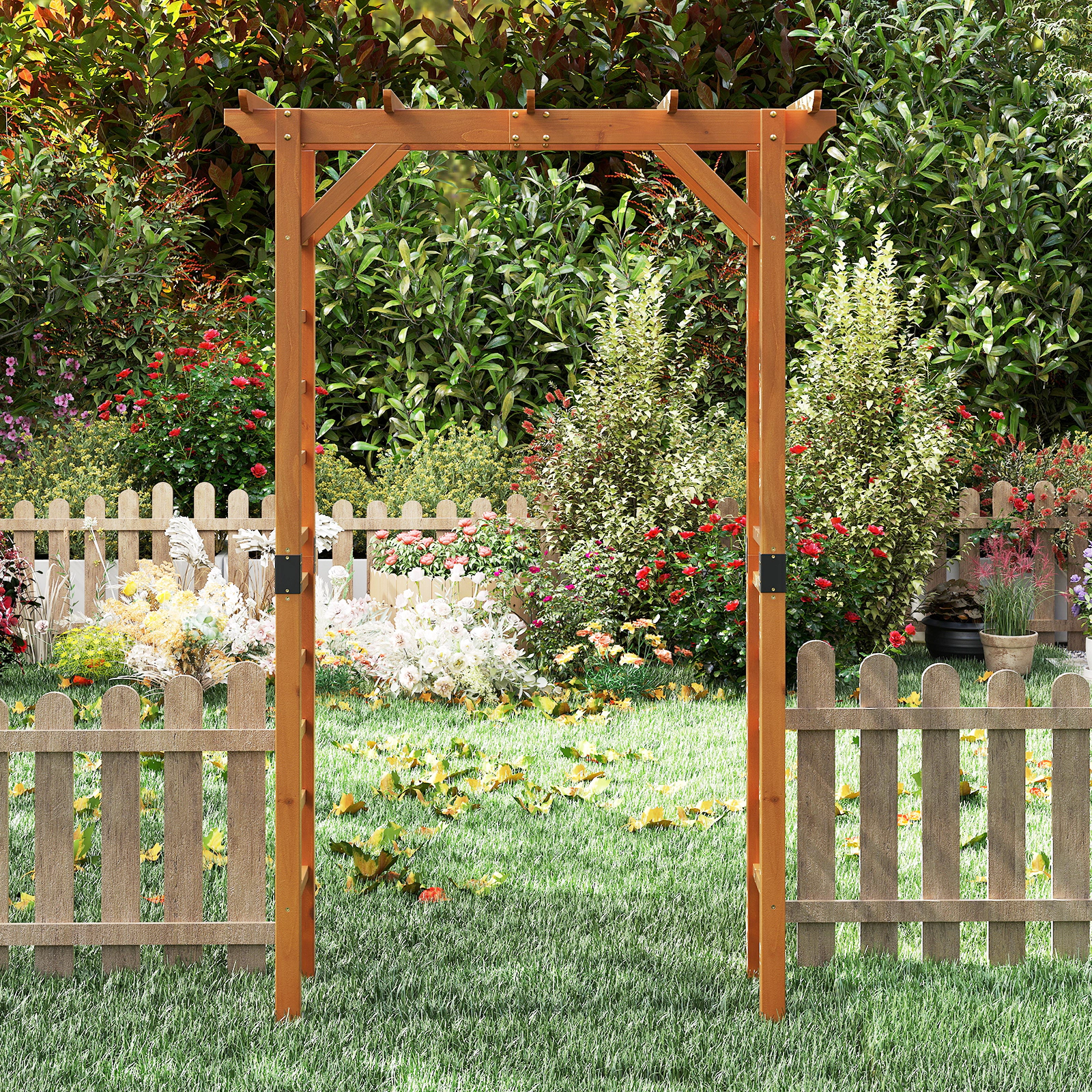 SUGIFT 7-ft Orange Fir Wood Garden Arch Arbor with Grid Trellises Metal Connectors and Thick Legs