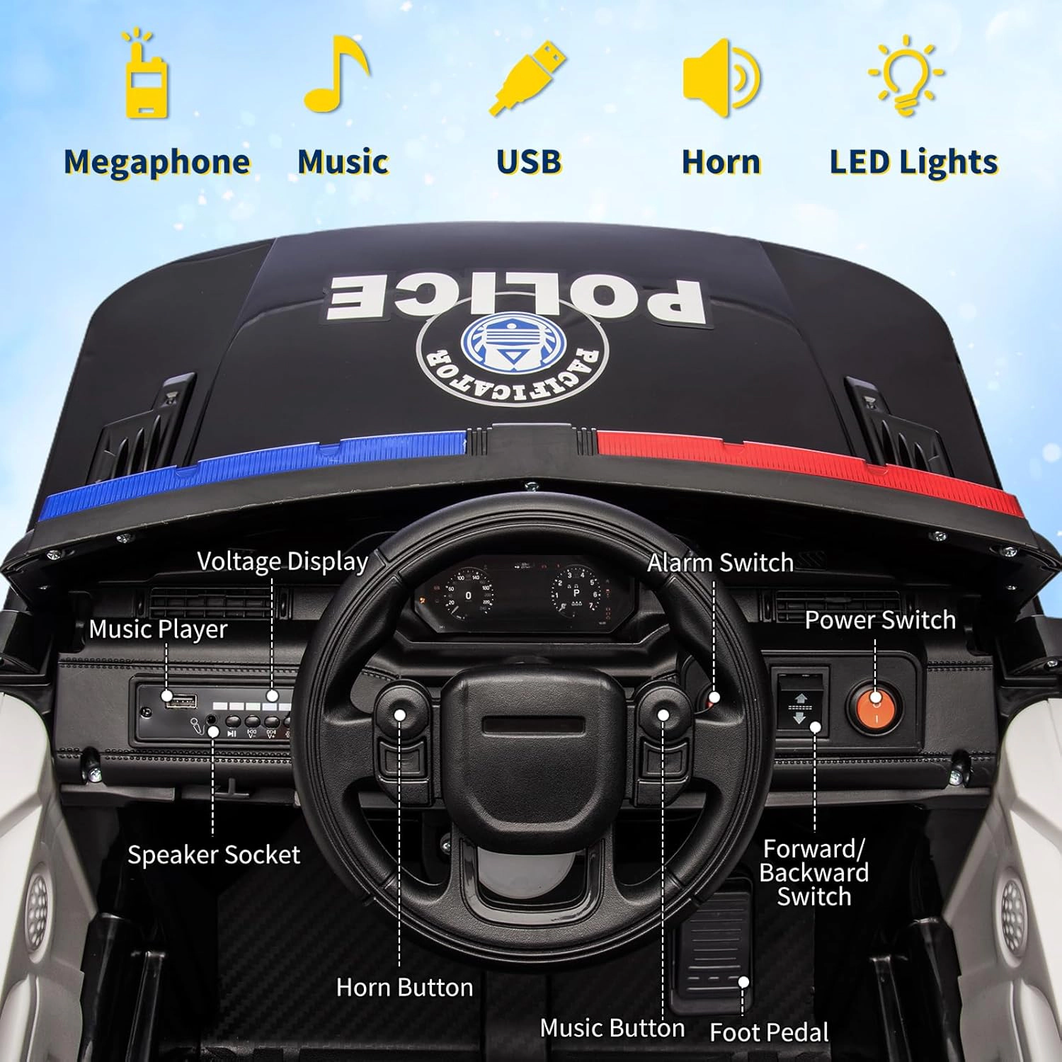 12V Kids 2-Seater Ride On Police Car w/ Remote, Flashing Lights, Megaphone, Music, Suspension & Handle for 3-8
