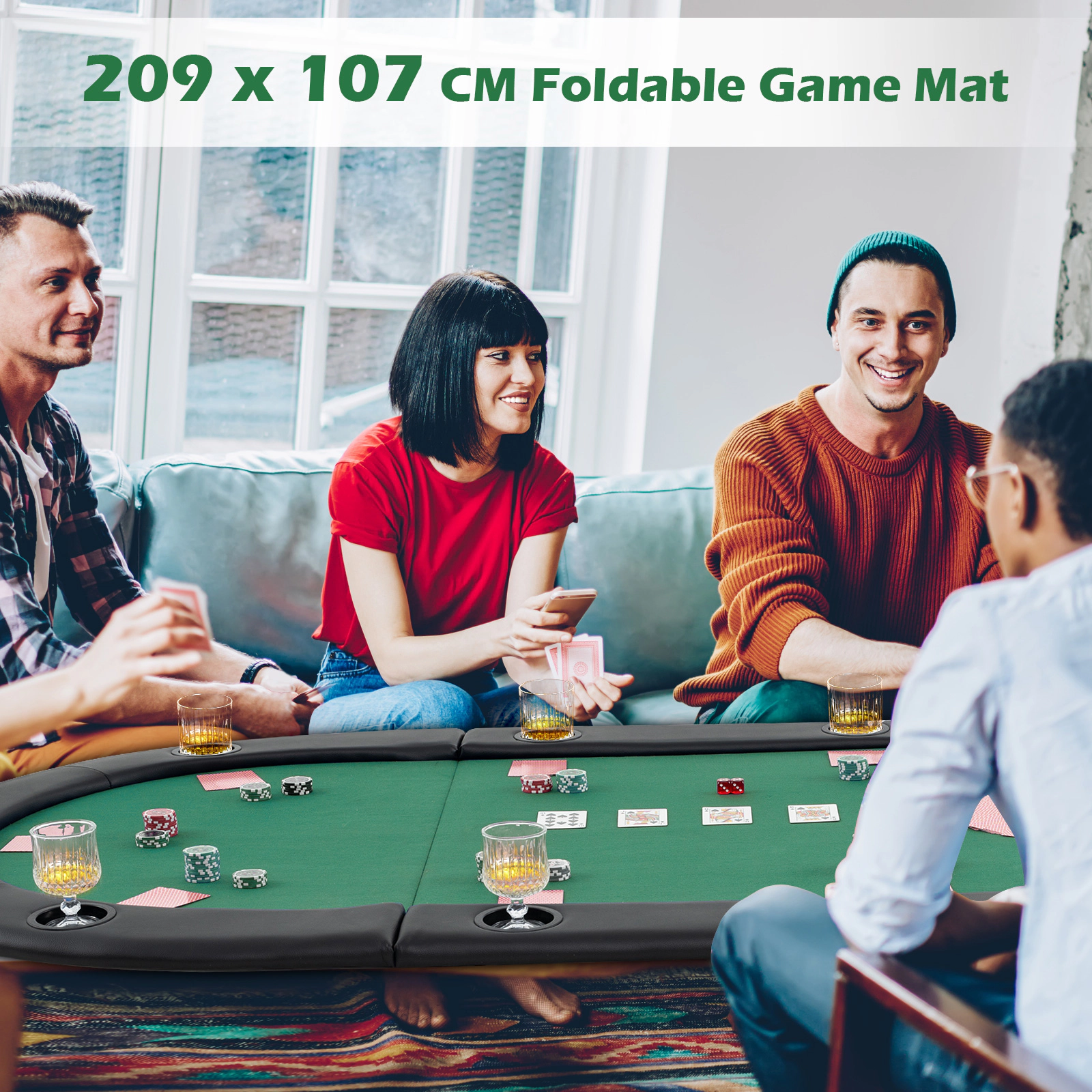 SUGIFT Green 10-Player Oval Foldable Poker Table Top with Padded PU Armrest and 10 Cup Holders 84-in W 42-in D