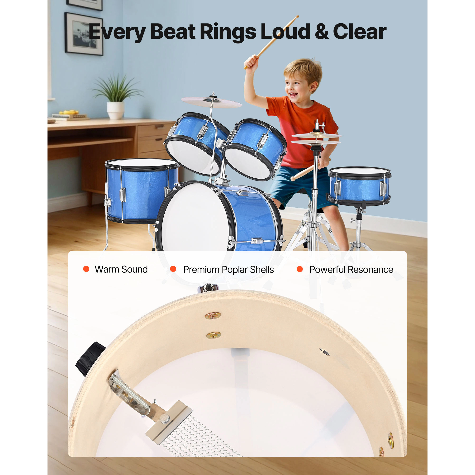 HONGGE Kids Drum Set Junior Drum Sets Beginner Drums Set with Adjustable Throne Cymbal & Two Pairs of Drumsticks