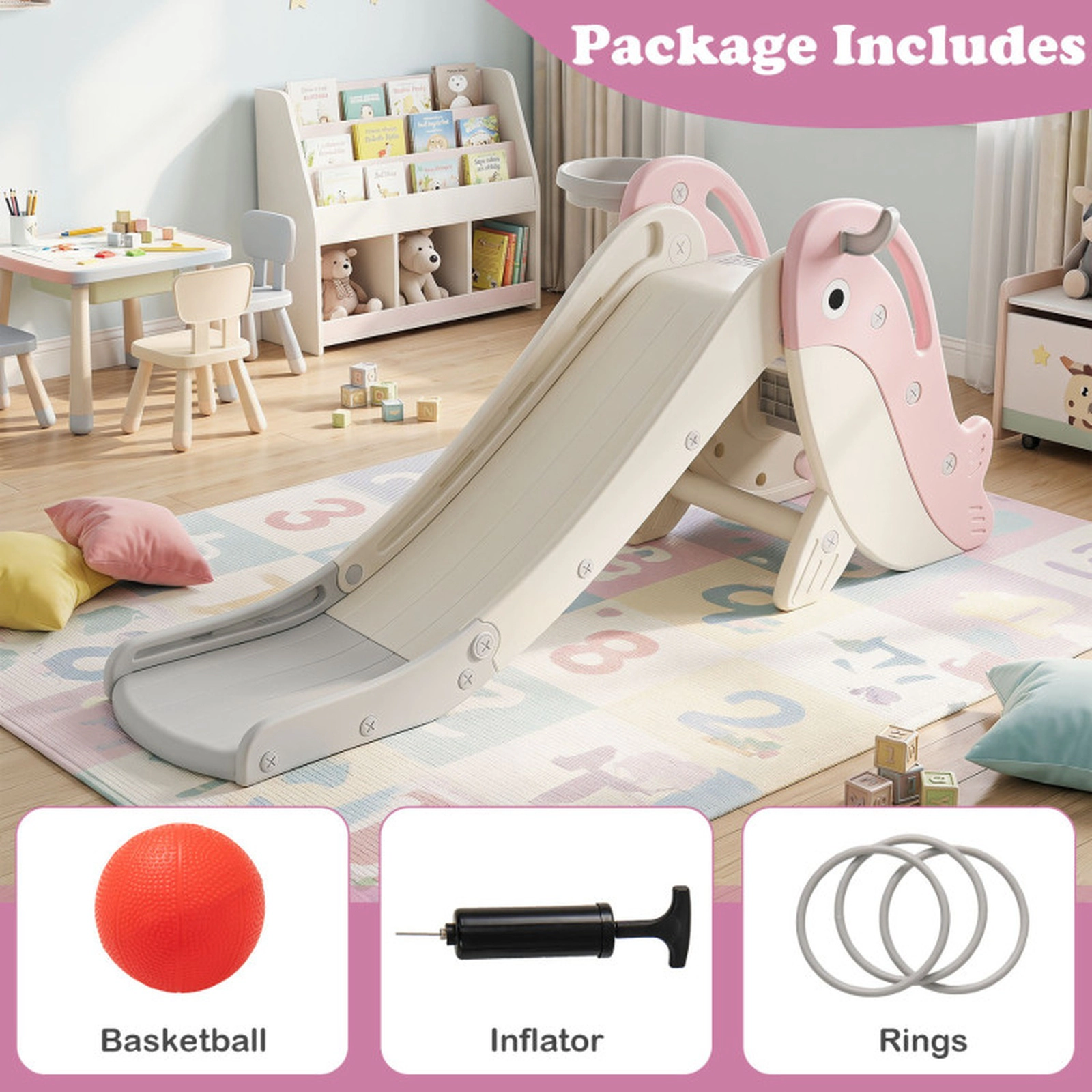 SUGIFT Pink Basketball Hoop and Rings Foldable Freestanding Baby Slide Climber Playset