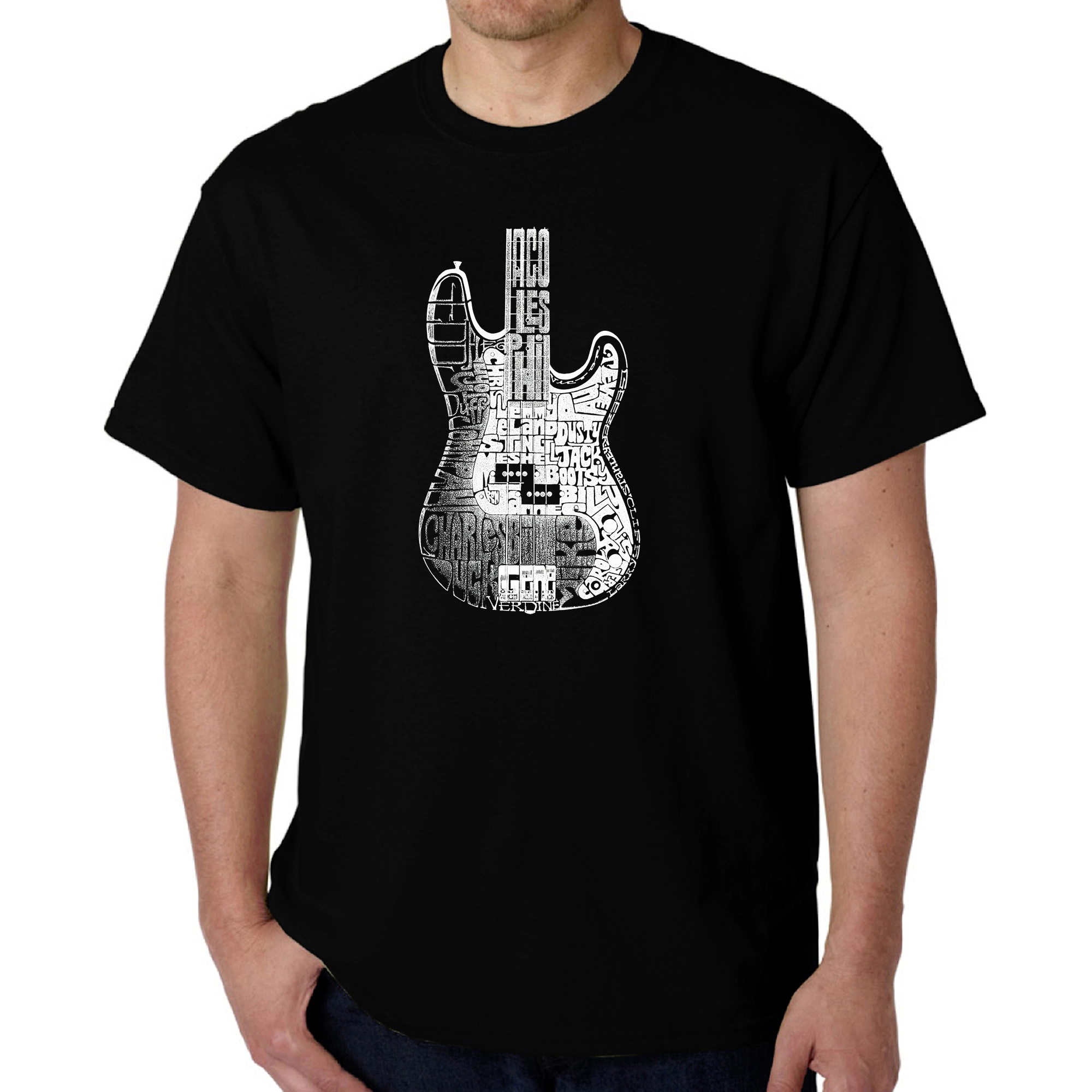 LA Pop Art Men’s Bass Guitar Word T-Shirt - 100% Cotton Crew Neck, Short Sleeve