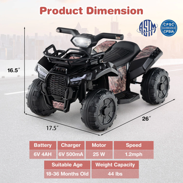 SUGIFT 6V Kids ATV Quad Electric Ride On Car with LED Light and MP3 44-lb Capacity Ages 18-36 Months Solid Black