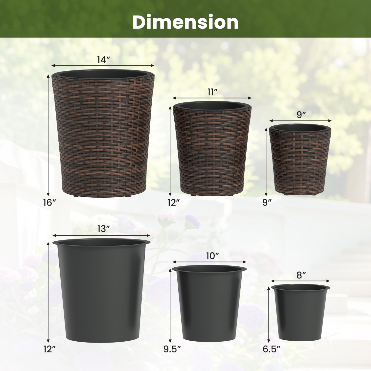 LJG Set of 3 Plastic Planters with Drainage Holes and Saucers for Porch and Garden