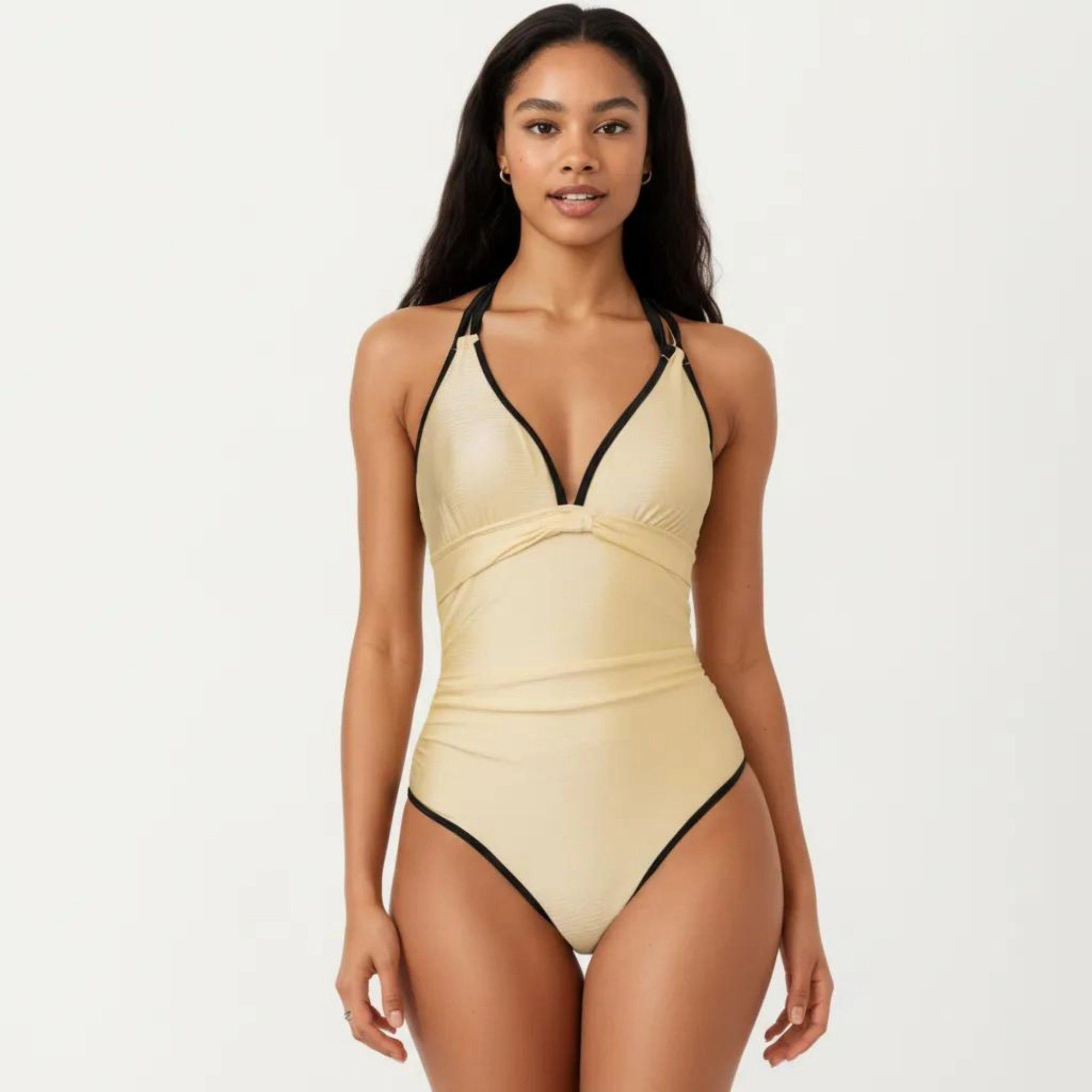Anna-Kaci Women One Piece Swimsuit - V-Neck Contrast Trim, Double Strap, Ruched Waist, Slim Fit