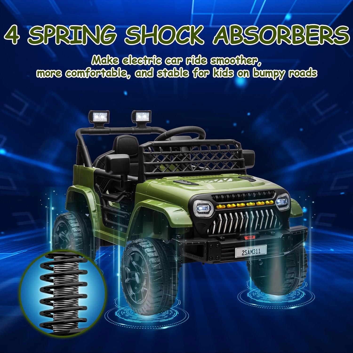 Enjyam 12V Kids Electric Ride-On Truck with Remote, Spring Suspension, LED Lights, Music, Dual 30W Motors