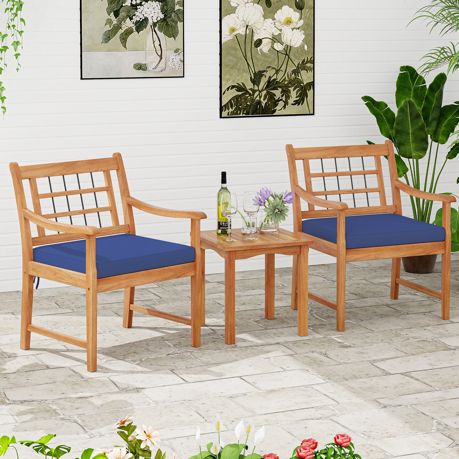 SUGIFT 3 Piece Acacia Wood Patio Conversation Set Seat Cushions & Coffee Table 400-lb Chairs Natural Frame Navy Cushions