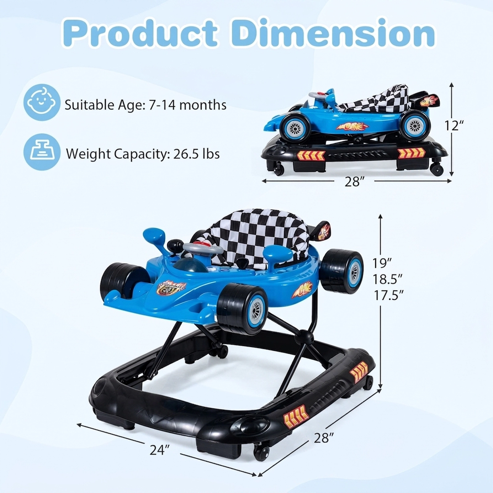 SUGIFT Convertible Baby Walker with 3 Adjustable Height Settings 26.5-lb Capacity Ages 7-14 Months Racing Car Style Blue