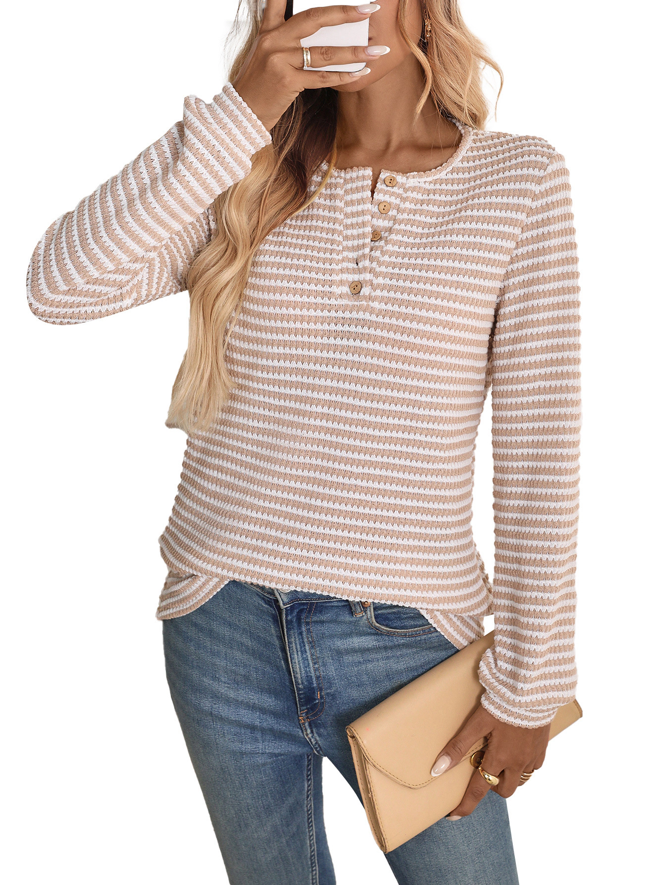 Enchanted Funland Womens Striped Henley Button Long Sleeve Knit Tops