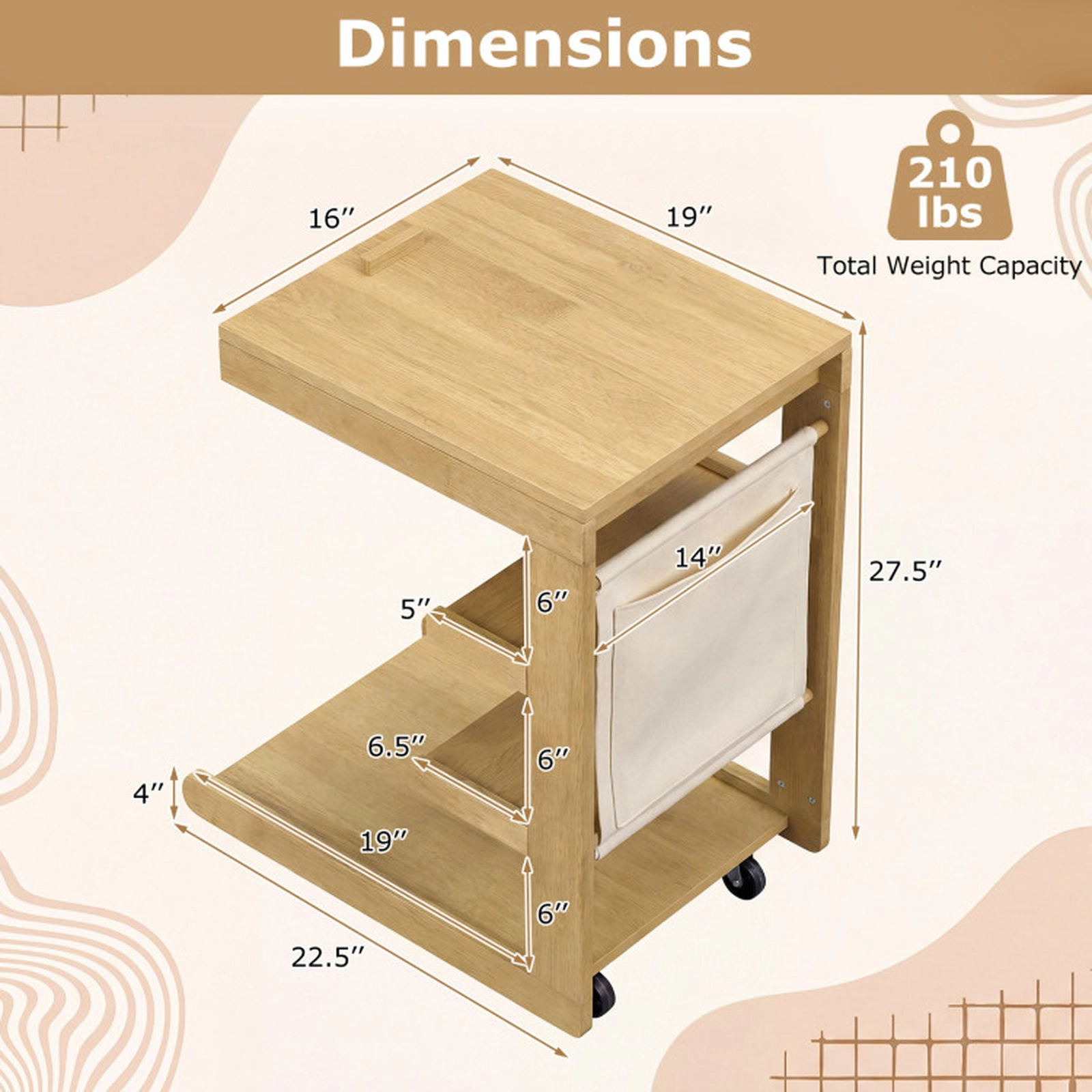 SUGIFT Adjustable Desktop C-Shaped End Table with Hidden Storage 210-lb Capacity Rolling Side Table Natural Brown White