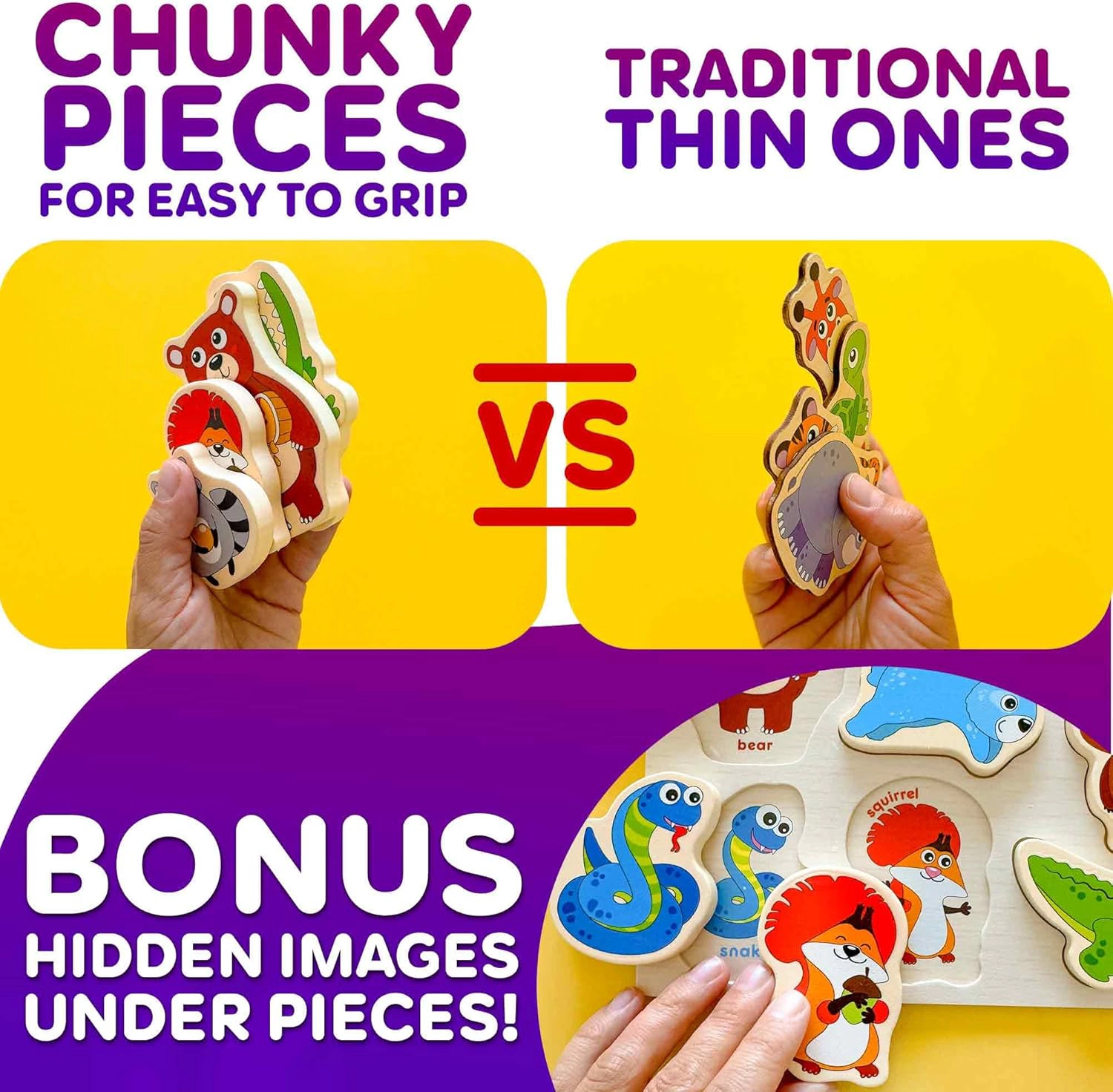 QUOKKA Wooden Chunky Puzzle Set for Toddlers Ages 1–4, Animal, Alphabet, Number, Fruit, Shape Puzzles