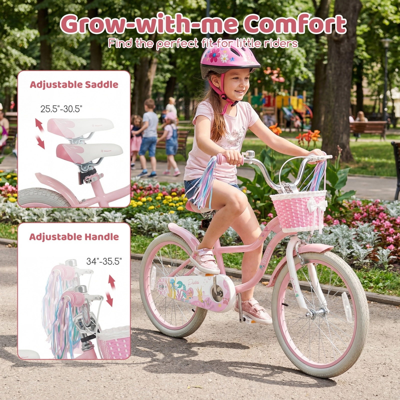 SUGIFT Adjustable 20-In Kids Bicycle with Basket and Streamers 200-lb Capacity Ages 8+ Pink Princess of the Sea Theme