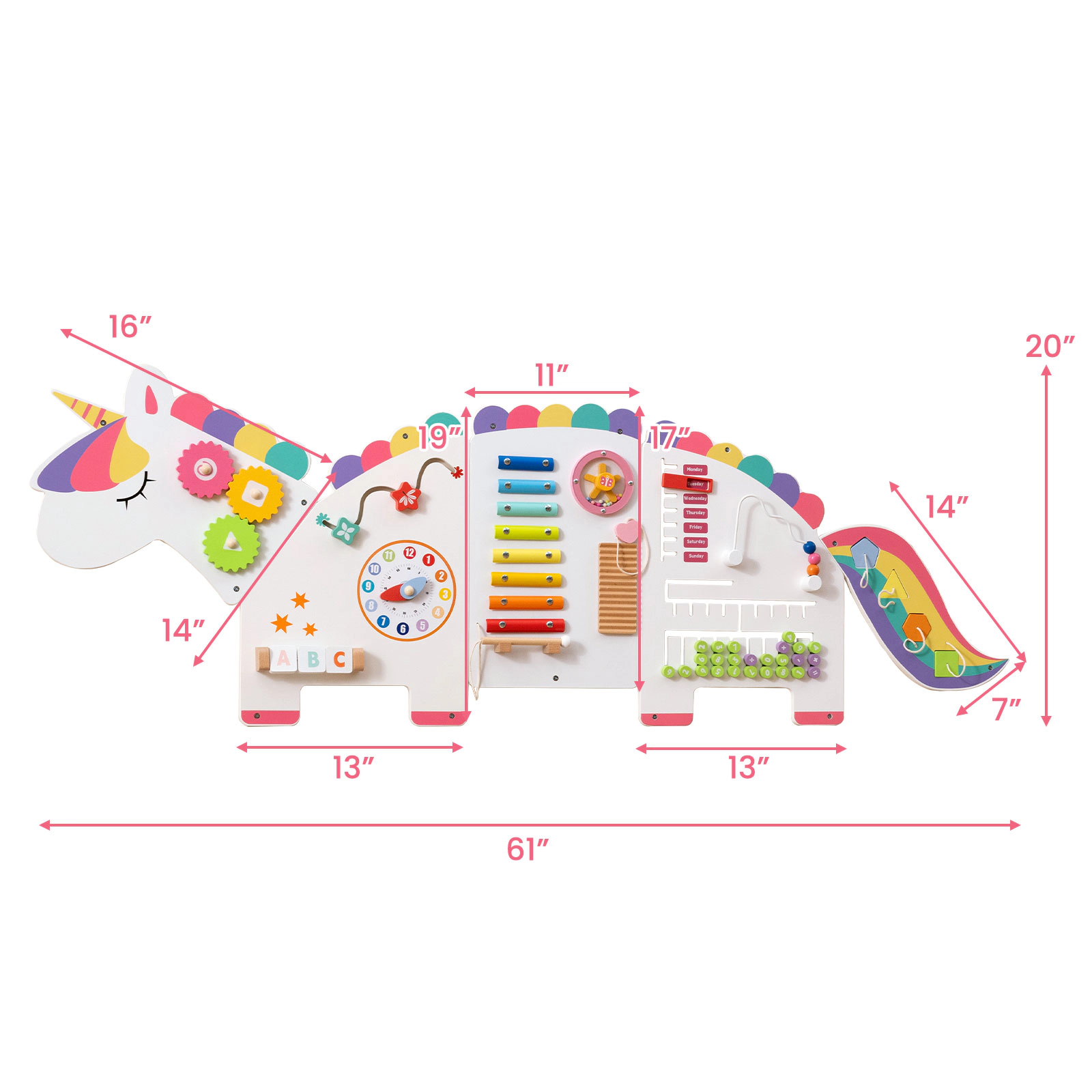 SUGIFT 11-in-1 57-in Dinosaur Montessori Busy Board Wall Panel Set with Xylophone Clock and Abacus