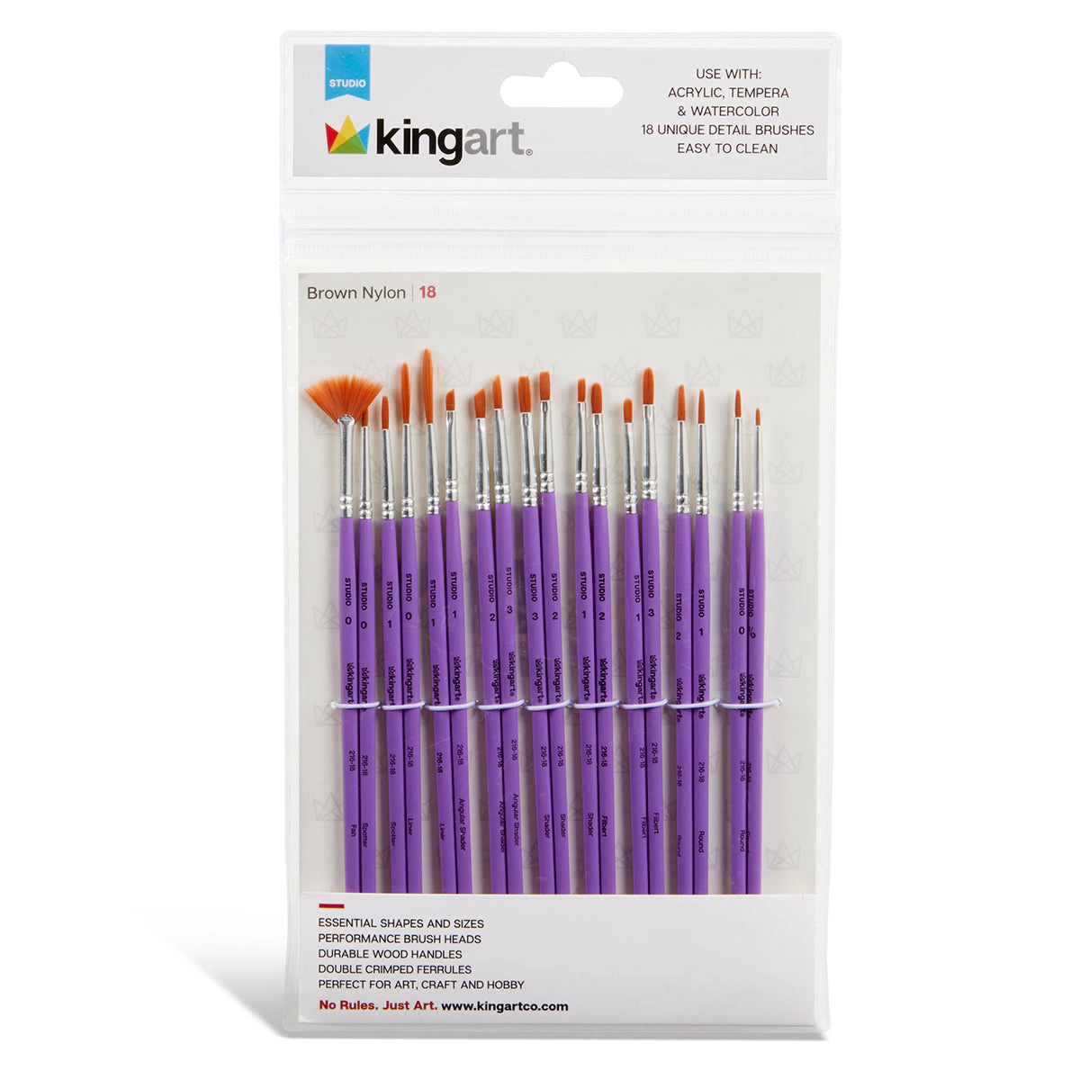 KINGART Studio Brown Nylon Detail Brush Set - 18 pc, Acrylic & Watercolor