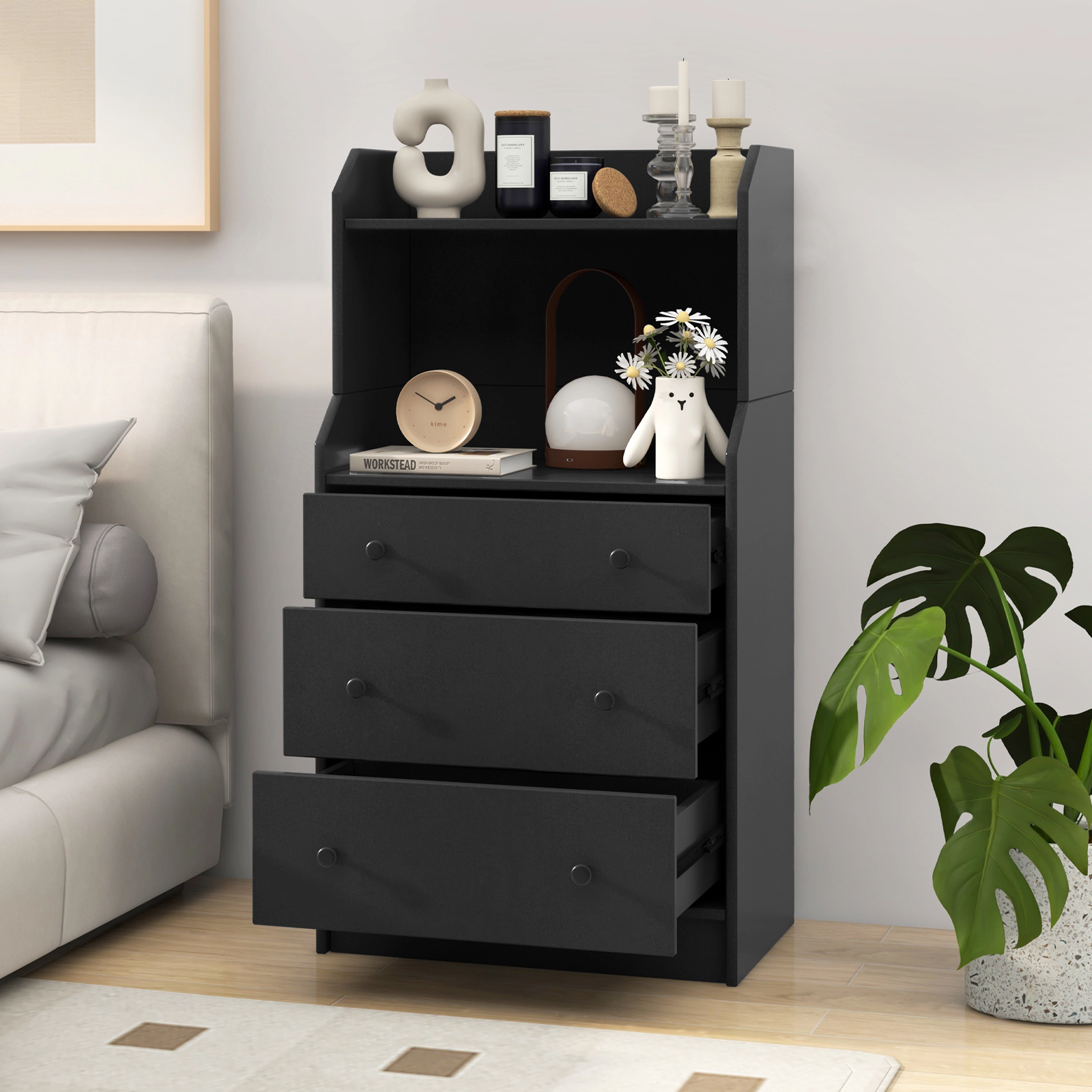 SlickBlue 3 Drawer Storage Dresser with Open Shelves for Bedroom