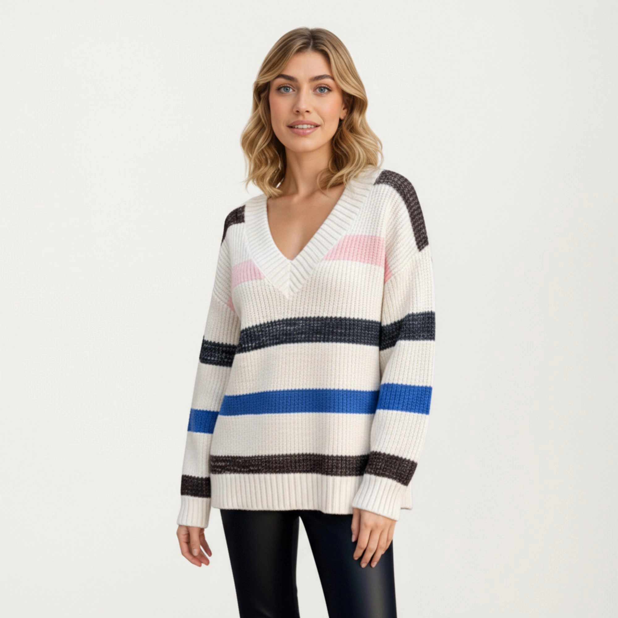 Anna-Kaci Women's Striped V-Neck Rib Knit Pullover Sweater