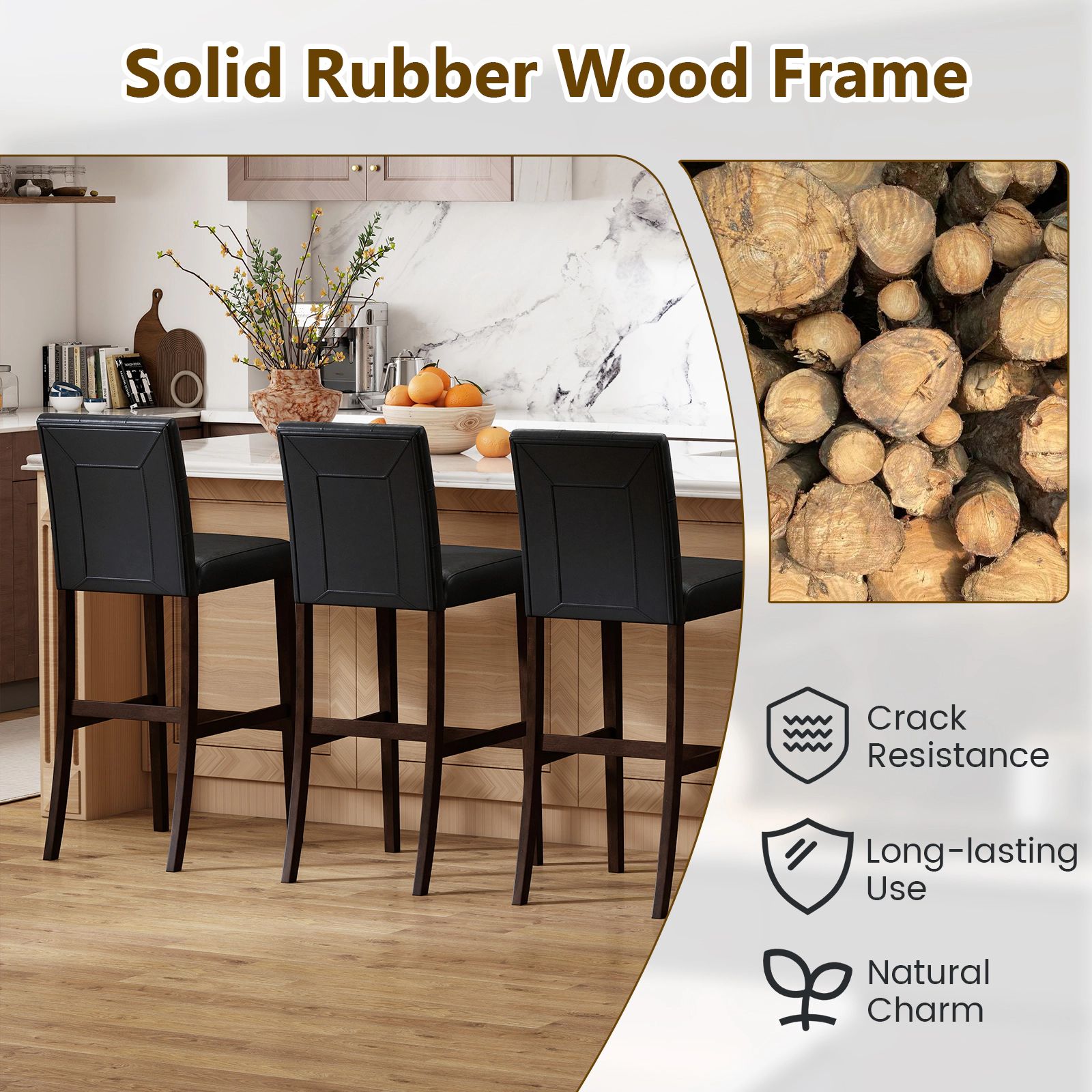 SUGIFT Set of 2 PVC Dining Leather Bar Stools Solid Wood Legs 243-lb Capacity 39-in Tall Upholstered Seat & Back Black