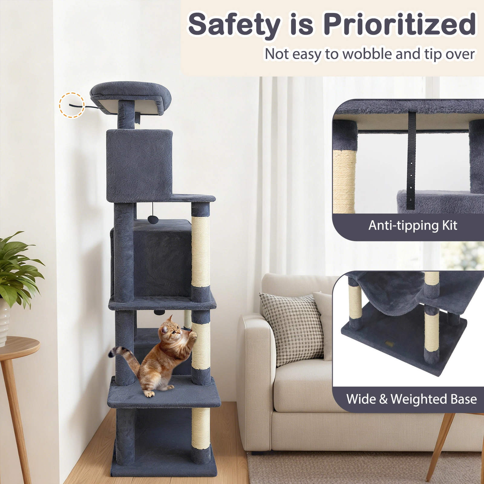 SUGIFT Multi-Level 70-in Tall Cat Tree Tower with Hammock and Dual Condos 33-lb Capacity Beige Deep Gray Light Gray